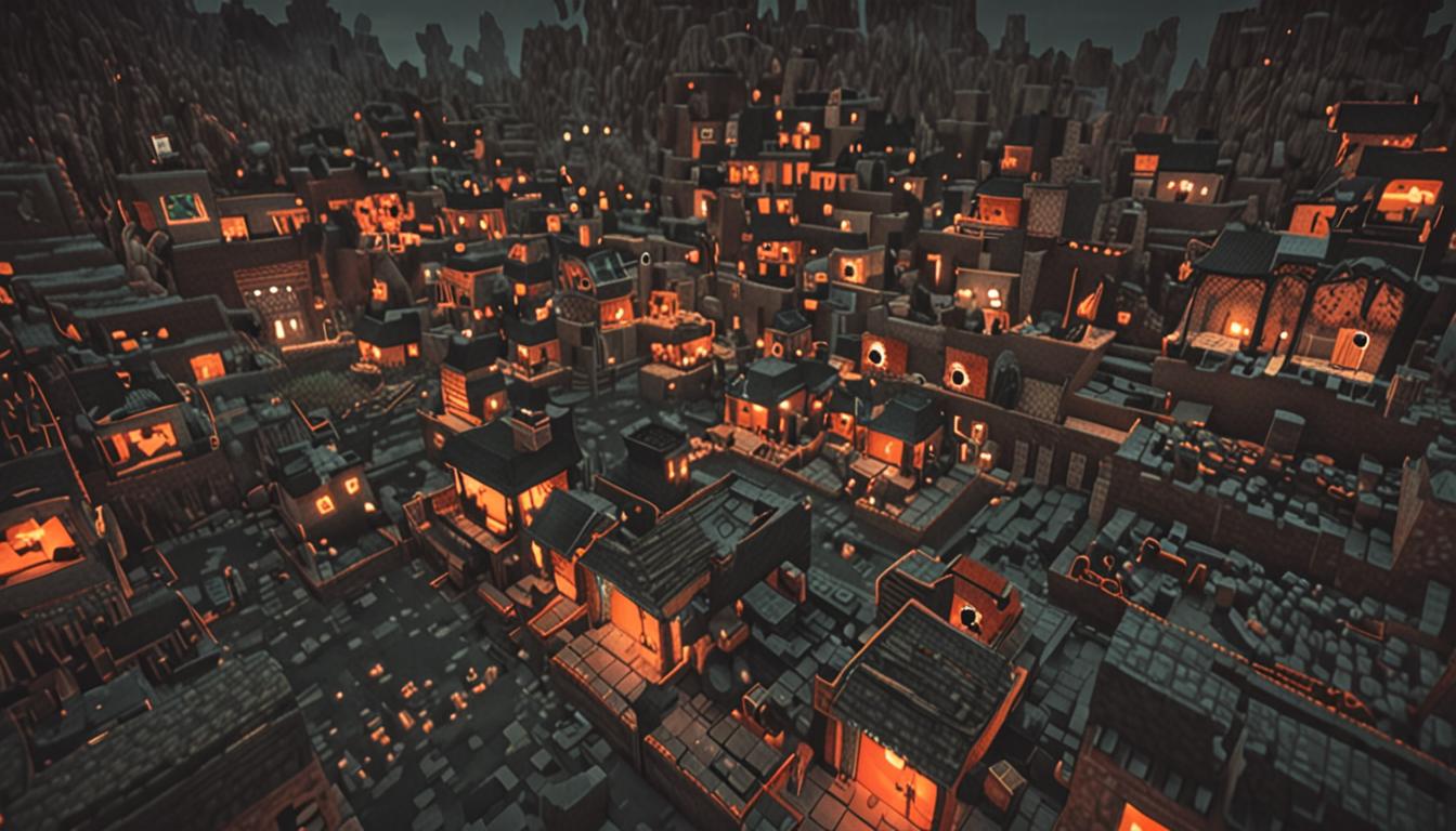 A dark, eerie Minecraft village scene at night with a menacing atmosphere, showing blocky pixelated houses with massive rectangular holes torn through their cobblestone and wood plank walls, exposing the hollow interiors where furniture and blocks have been mysteriously removed. In the foreground, several tamed wolves with glowing red eyes and towering iron golems with their characteristic blocky metal bodies and glowing orange eyes move stealthily through the village streets, carrying a mystical staff made of dark obsidian blocks with swirling purple particle effects emanating from its tip. The village houses show severe damage - one cobblestone house has its entire kitchen section completely missing, revealing empty air where crafting tables, furnaces, and stone blocks once stood, while another stone brick house displays a gaping rectangular void where its wooden door should be, leaving only the door frame intact. Moonlight casts long shadows across the damaged village, with floating particles and a subtle magical aura surrounding the vacuum staff, while terrified villager silhouettes can be seen peering through remaining windows at the destruction, the entire scene rendered in Minecraft's distinctive blocky, pixelated art style with sharp geometric edges and vibrant block textures.