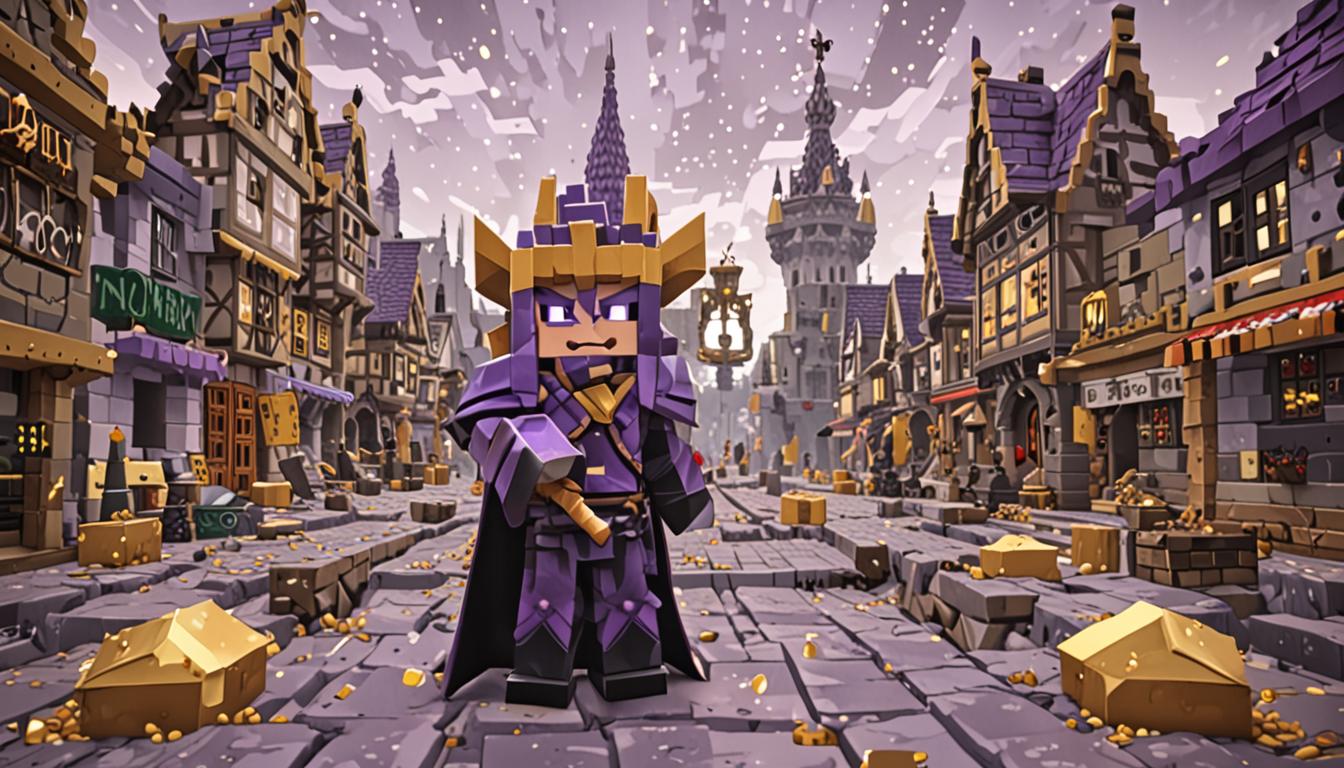 A menacing Minecraft villain character with wild, spiky purple blocky hair stands in the center of a pixelated village square, wearing a flowing cape constructed entirely of gleaming golden blocks that shimmer with cubic textures. Baron Puscrust holds a mystical staff with a dark, swirling vortex at its tip - the Block Vacuum Staff - which glows with ominous purple and black particle effects as it hovers above the ground. The villain's blocky form casts dramatic shadows across the cobblestone village paths, while terrified Minecraft villagers with their characteristic large noses and brown robes scatter in panic around wooden and stone block houses. In the background, partially deconstructed buildings show missing blocks being magically pulled toward the staff's vacuum tip, with golden block particles and magical energy trails floating through the air. The scene captures a moment of crisis with dark storm clouds gathering overhead, creating an atmosphere of impending doom as the greedy baron's golden cape billows dramatically in the pixelated wind, his cubic eyes gleaming with malicious intent while the magical staff pulses with destructive power.