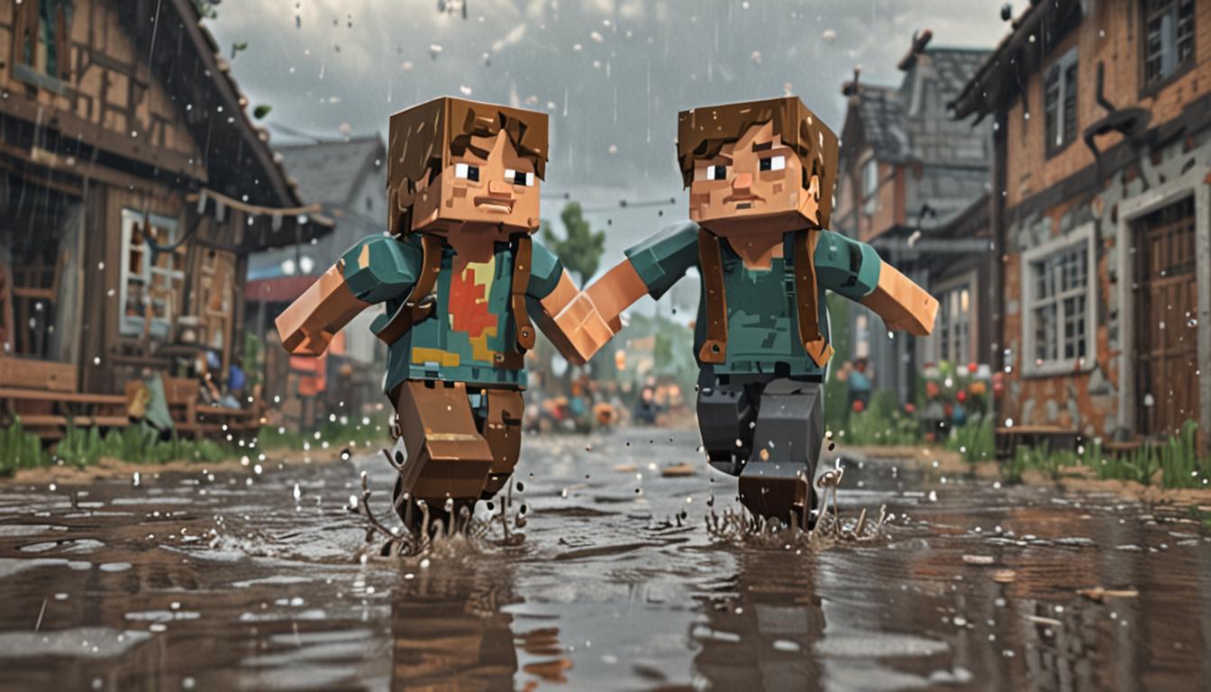 A Minecraft-style blocky pixelated scene showing a young Steve-like character with muddy brown leather boots dancing joyfully in shallow water puddles during rainfall, with pixelated raindrops falling from dark gray storm clouds above. The character has arms outstretched in a spinning motion, creating splash effects around their feet in the muddy water. In the background, a typical Minecraft village with cobblestone paths and wooden houses can be seen, with other blocky villager characters watching from a distance with disapproving expressions. To one side, there's an open wooden chest overflowing with vibrant spotted blocks - bright pink spotted blocks with magenta dots, deep blue spotted blocks with cyan spots, and shimmering rainbow spotted blocks that catch the dim stormy light with prismatic reflections. The rainbow blocks have a subtle enchanted glow effect with purple particles floating around them. The ground is made of dirt and grass blocks that have become muddy brown from the rain, with small puddles reflecting the gray overcast sky. The overall atmosphere captures both the melancholy of being misunderstood and the joy of following one's passion, with dramatic lighting from the storm clouds creating shadows and highlights on the blocky terrain and characters.