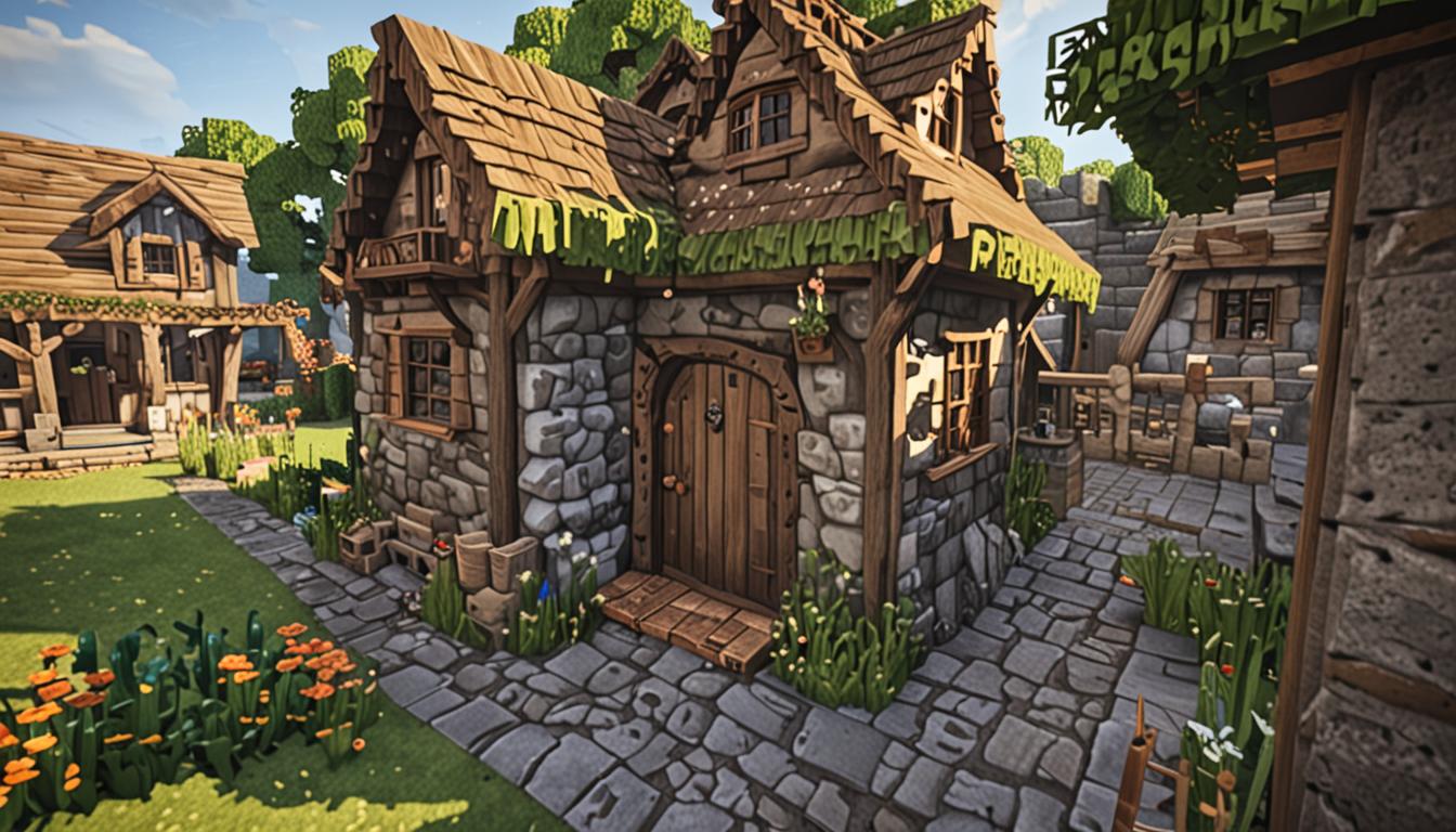 A whimsical Minecraft village scene featuring a comically crooked and imperfect house with distinctly leaning cobblestone and wooden plank walls tilted at awkward angles, an upside-down wooden door positioned incorrectly in the doorframe, and a patchy roof made of various mismatched blocks including wood planks, cobblestone, and dirt with numerous gaping holes revealing the sky above. In the foreground, a female Minecraft character with blocky pixelated features, brown hair in a simple blocky style, wearing a colorful but slightly disheveled outfit stands near a crafting table with scattered and incorrectly arranged materials - iron ingots, wooden sticks, and other crafting components placed in the wrong pattern for a pickaxe recipe. Surrounding the wonky house are several neat, well-constructed village buildings with perfectly straight walls, symmetrical windows, and pristine roofs made of red brick and dark oak, creating a stark contrast to the crooked dwelling. A few blocky villager NPCs with their characteristic large noses and brown robes are visible in the background, some appearing to chuckle or point at the imperfect house, while the overall scene is bathed in warm, sunny Minecraft daylight with soft shadows cast by the various structures across the grassy block terrain dotted with small flowers and occasional trees.