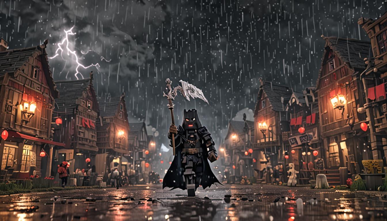 A dark, stormy Minecraft village scene at night with heavy pixelated rain falling and lightning illuminating blocky storm clouds overhead. In the center stands Baron Puscrust, a menacing Minecraft character wearing a dark cape and crown, wielding a glowing magical staff with swirling particle effects that resembles a vacuum device. Around him prowl several tamed wolves with red collars and imposing iron golems with glowing red eyes, all rendered in classic Minecraft blocky style. The village houses show gaping rectangular holes where walls, roofs, and doorsteps have been mysteriously removed, leaving jagged edges of remaining cobblestone, wood planks, and brick blocks. Scattered throughout the muddy ground are various displaced building blocks - stone bricks, wooden planks, glass panes, and door blocks - all with Minecraft's signature pixelated textures. The atmosphere is ominous with dark purple and blue lighting from the storm, contrasted by the eerie glow emanating from the Block Vacuum Staff's magical energy particles.