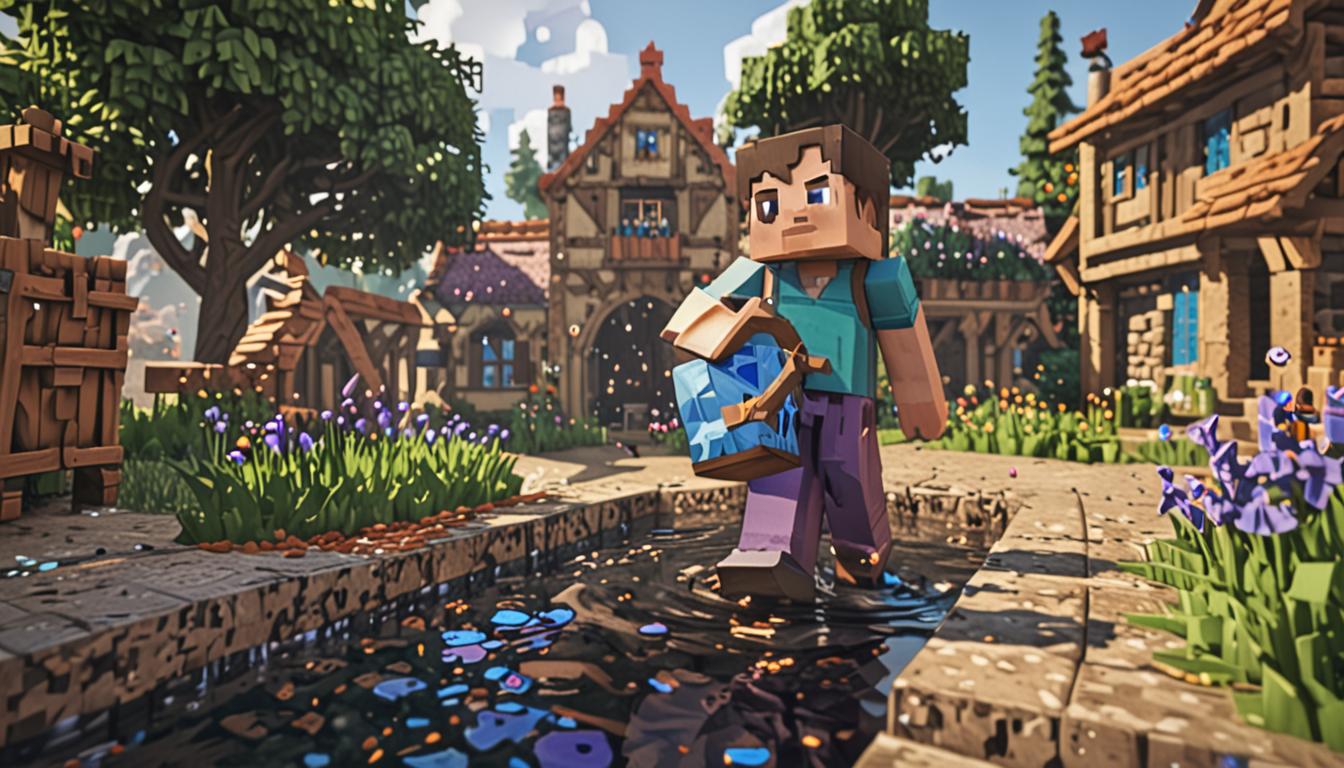 A Minecraft-style blocky, pixelated village scene featuring a young Steve-like character with distinctive abilities during a crisis situation. The character stands in the center holding a shimmering, enchanted watering can with glowing blue and purple particle effects swirling around it, crafted from blocky iron and diamond materials with magical runes etched into its pixelated surface. Scattered throughout the scene are decorative flower pots containing rare, sparkling diamond ore blocks that glint with blue light, hidden among colorful pixelated flowers like roses, dandelions, and tulips. Various Minecraft animals surround the character in a protective circle - blocky pigs, cows, chickens, and wolves with glowing eyes that suggest intelligence and loyalty, all rendered in classic Minecraft cubic style. Above the scene, fluffy white rain clouds made of wool blocks float in the sky, with gentle rain particles falling and creating a magical atmosphere. The village background shows typical Minecraft buildings with cobblestone walls, wooden roofs, and glowing windows, while beautiful instant-bloomed flowers in vibrant reds, yellows, and purples carpet the ground around the character's feet. The lighting has a warm, golden hour quality with dramatic shadows cast by the blocky structures, and magical sparkles and particle effects emanate from both the watering can and the hidden diamonds, creating an atmosphere of hidden power and potential during challenging times.
