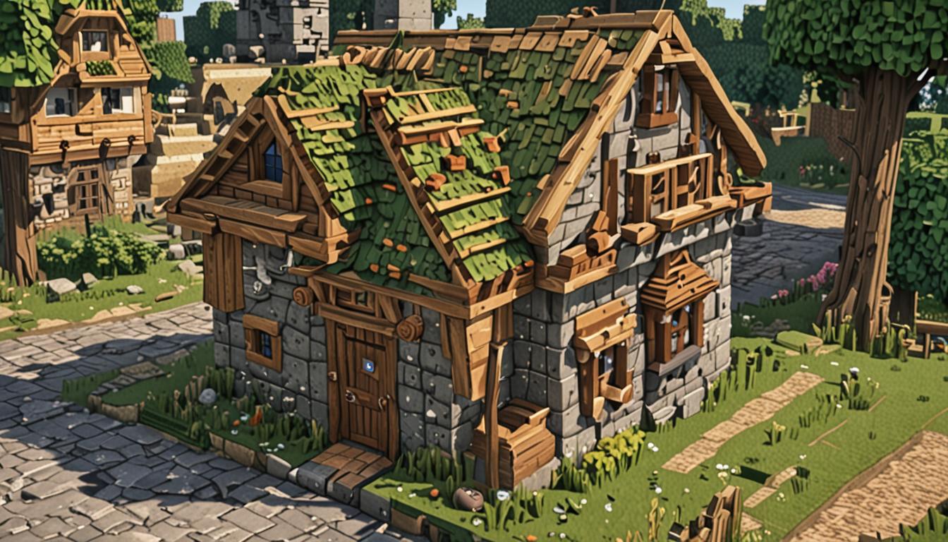 A Minecraft scene showing a hilariously crooked and wonky blocky house with walls that lean dramatically to one side, constructed from mismatched cobblestone and wooden planks in a chaotic pattern. The pixelated roof has several gaping holes revealing the dark interior, with some blocks appearing to defy gravity as they hang precariously. An upside-down wooden door is comically positioned in the doorframe, with its handle at the bottom and hinges at the top. Several Minecraft villagers with their characteristic large noses and brown robes stand nearby, pointing at the structure with blocky arms while their pixelated faces show amused expressions. In the background, perfectly square and symmetrical houses made of neat stone bricks and oak wood contrast sharply with the wonky main building, emphasizing its uniquely chaotic construction. The scene is lit with warm Minecraft sunlight casting angular shadows, and scattered building blocks and tools lie around the base of the crooked house, suggesting ongoing construction attempts. The entire scene maintains the classic Minecraft aesthetic with sharp edges, pixelated textures, and blocky three-dimensional forms throughout every element.