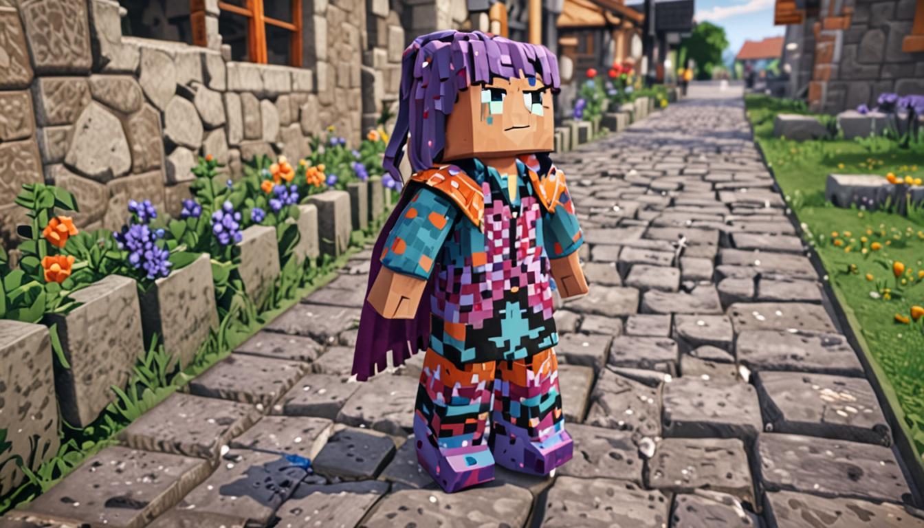 A cheerful Minecraft character named Dame Drizzlepox with blocky, pixelated bright purple hair adorned with small blue flower blocks, wearing a vibrant rainbow wool cape covered in polka dot patterns made from colorful wool blocks. The character has a friendly blocky face with a wide smile, standing on a cobblestone path made of gray stone blocks in a typical Minecraft village setting. Around her are scattered colorful spotted blocks with polka dot textures in various bright colors like red, yellow, green, and blue, resembling decorative wool blocks with dotted patterns. Small puddles of water blocks reflect the overcast sky, with rain particle effects falling gently around the scene. The village background features typical Minecraft buildings with wooden planks, stone blocks, and thatched roofs, while other blocky villager characters can be seen in the distance with amused expressions. The lighting has a soft, overcast atmosphere with gentle rain creating a whimsical, playful mood that captures the character's silly and joyful personality in the distinctive pixelated Minecraft art style.