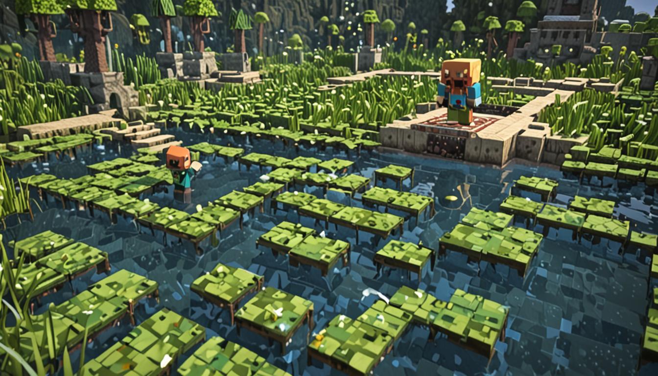 A Minecraft-style scene showing a blocky, pixelated character named Baron Puscrust standing waist-deep in a square moat filled with dark blue water blocks, surrounded by bright green lily pad blocks floating on the surface. The baron character has a classic Minecraft villager-like appearance with a large blocky nose, brown robes, and is dripping with pixelated water droplets and small green lily pad pieces stuck to his cubic head and shoulders. In the background, there's a partially built medieval castle made of cobblestone and stone brick blocks, with scaffolding made of wooden planks and ladders. Several other Minecraft player characters with different colored blocky clothing are working together, placing colorful wool blocks and wooden planks to construct small houses nearby. The baron is now helping by carrying a stack of oak wood blocks in his pixelated hands, with a friendly expression replacing his previous scowl. The scene has warm, golden lighting suggesting late afternoon in the Minecraft world, with the lily pad-covered moat reflecting the blocky sky above, creating a heartwarming atmosphere of redemption and cooperation in the distinctive cubic, voxel-based Minecraft art style.