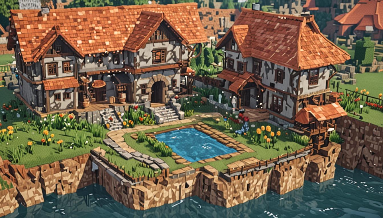 A charming Minecraft village scene featuring a uniquely constructed blocky house with intentionally asymmetrical architecture - crooked cobblestone walls, mismatched wooden planks, and a roof made of different colored terracotta blocks arranged in an endearingly lopsided pattern. The pixelated structure sits beside a small pond with blue water blocks where blocky rain particles create rippling effects and small puddles of water source blocks scattered around. A Minecraft player character with the classic blocky Steve or Alex design stands joyfully in one of the water puddles, arms raised in celebration, while several other pixelated player characters gather nearby with friendly postures. Various Minecraft animals including blocky pigs, cows, chickens, and wolves are positioned around the scene, some appearing to "listen" with tilted blocky heads toward the main character. The atmosphere is warm and welcoming with soft golden lighting suggesting late afternoon sun, casting gentle shadows from the irregular house structure. Colorful flower blocks like poppies and dandelions dot the grass blocks around the area, and the overall scene conveys a sense of acceptance and community in the distinctive cubic, low-resolution Minecraft art style.