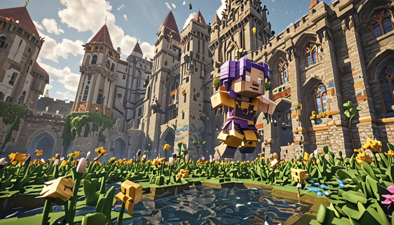 A dramatic Minecraft scene showing a blocky, pixelated character with purple cubic hair and a flowing golden cape tumbling backwards through the air in an exaggerated spinning motion, arms flailing wildly. The character is falling toward a square castle moat filled with dark blue water blocks and bright green lily pad blocks floating on the surface. In the background stands a imposing medieval castle built from gray stone blocks and dark oak wood, with tall rectangular towers and pixelated banners. A magical staff with intricate golden block patterns and glowing purple enchantment particles is shown mid-fall, breaking apart into countless small cubic fragments with bright sparkle effects. Scattered around the scene are colorful spotted blocks in various Minecraft block textures - some striped, some polka-dotted in vibrant reds, blues, and yellows. Dozens of different Minecraft blocks (cobblestone, oak planks, brick blocks, dirt blocks) are flying through the air with motion blur effects and glowing trails, automatically rebuilding pixelated houses and structures in the background. The entire scene has dynamic lighting with splash particles erupting from the moat, magical sparkles filling the air, and the warm golden glow of a Minecraft sunset casting long blocky shadows across the landscape.