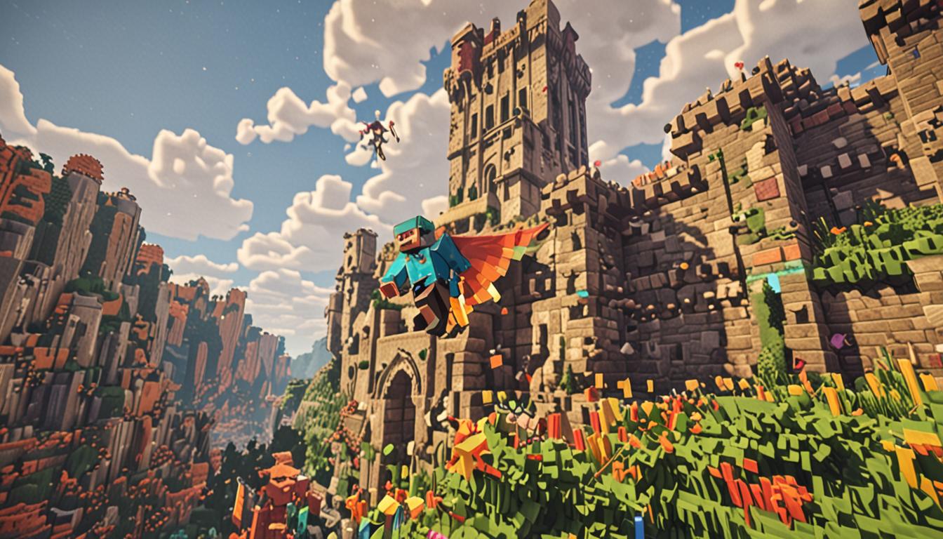 A dramatic Minecraft scene showing a blocky pixelated character being launched high into the air by an enormous sneeze, with the character's vibrant rainbow-colored cape flowing dramatically behind them like superhero wings made of colorful wool blocks. Below, medieval-style stone brick fortifications and defensive walls stretch across the landscape, with towering cobblestone battlements and iron bar windows typical of Baron's castle architecture. The airborne character clutches a collection of uniquely patterned spotted blocks in various bright colors - lime green with dark spots, magenta with cyan dots, yellow with purple speckles - each block rendered in classic Minecraft's cubic pixelated style. The sky is filled with motion lines and particle effects suggesting tremendous upward force, while fluffy white cloud blocks drift in the blue pixelated sky. The character's blocky Minecraft avatar has a determined expression, square arms outstretched, with the rainbow cape made of layered wool blocks in red, orange, yellow, green, blue, and purple creating a stunning contrast against the medieval stone fortress below. Sunlight filters through the scene with classic Minecraft lighting effects, casting blocky shadows on the fortress walls and highlighting the colorful spotted blocks that seem to shimmer with potential energy and purpose.