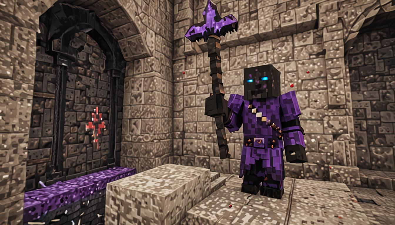 A dramatic Minecraft scene showing Baron Puscrust, a menacing blocky villain character with dark pixelated robes and an evil grin, standing on a tall castle balcony made of dark stone blocks and cobblestone. He holds a powerful Block Vacuum Staff - a mystical Minecraft-style weapon with swirling purple and black particle effects emanating from its crystalline tip, pointed menacingly toward a peaceful village below. The village center features classic Minecraft buildings with wooden planks, cobblestone foundations, and red wool roofs, with some blocks already beginning to dissolve and float toward the staff in glowing particle streams. In the foreground, a small blocky character representing the protagonist stands helplessly, while nearby Gooeybooger - a green slime-like Minecraft creature - is captured mid-sneeze with exaggerated particle effects and motion lines. The castle balcony is constructed from dark gray stone blocks with ornate pixelated details, iron bars, and torches providing flickering orange light. The sky has an ominous purple-tinted atmosphere with storm clouds gathering, while the village below shows signs of crisis with floating blocks and panicked villager silhouettes. The entire scene maintains Minecraft's signature blocky, pixelated aesthetic with dramatic lighting contrasting the dark castle against the vulnerable village.