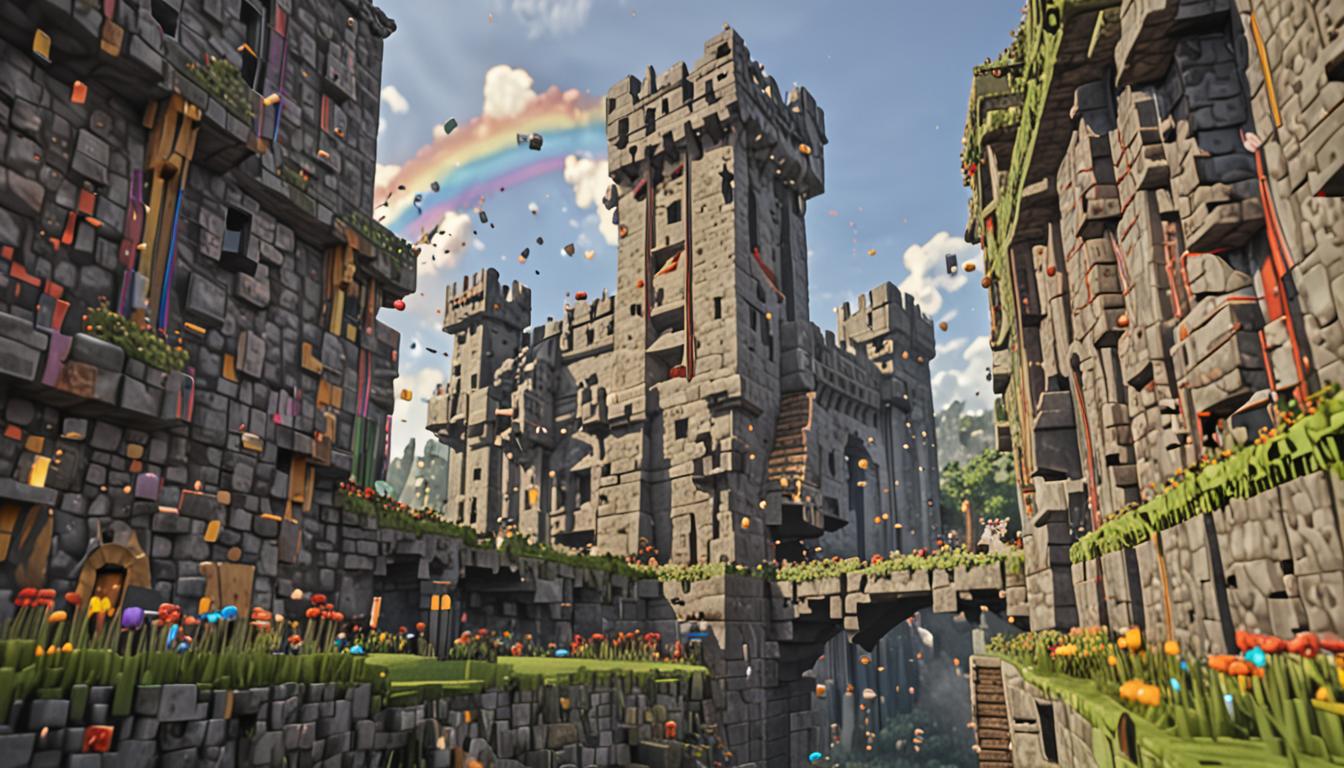 A dramatic Minecraft castle scene with towering blocky stone walls and battlements, where several pixelated wolf mobs with gray and white block textures are playfully leaping and running around, their cubic heads tilted upward as they chase swirling rainbow-colored particle effects that sparkle and shimmer in the air like magical glitter. The rainbow sparkles are rendered as small, colorful cubic particles in vibrant hues of red, orange, yellow, green, blue, and purple, creating trails of light as they float and dance around the wolves who have abandoned their guard posts. Along the dark cobblestone castle walls, beautiful blocky flowers have magically sprouted - pixelated roses, tulips, and sunflowers with square petals in bright reds, yellows, and pinks, their thick cubic stems creating a natural ladder-like pattern up the fortress walls. The scene is bathed in warm, golden Minecraft lighting that makes the rainbow particles glow brilliantly against the medieval stone architecture, while the distracted wolf guards continue their playful chase, completely mesmerized by the magical display, their blocky tails wagging as they bounce and pounce at the shimmering sparkles in a whimsical moment of chaos and beauty.