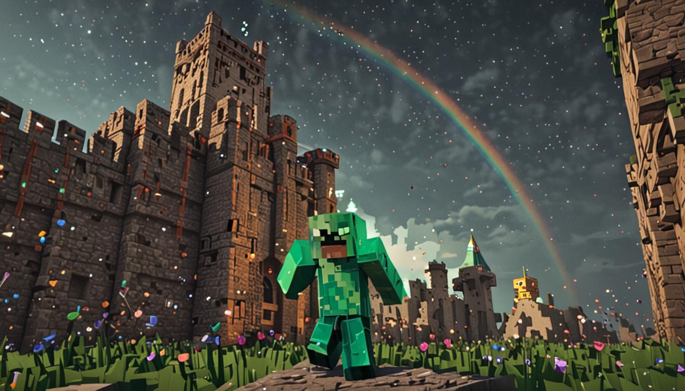 A dramatic Minecraft castle scene at nighttime with towering blocky stone walls and medieval battlements rendered in classic pixelated style. In the foreground, a Minecraft character with a blocky green body is mid-sneeze, with brilliant rainbow-colored particle effects exploding outward in geometric sparkles and glowing cubic fragments that illuminate the dark surroundings. The character's square head is tilted back with pixelated eyes squeezed shut and mouth open wide. Behind him, another blocky Minecraft character crouches low against the castle's cobblestone foundation, looking alarmed with wide cubic eyes. The castle features typical Minecraft architecture with stone brick blocks, dark oak wooden doors, and glowing torch flames mounted on the walls. The night sky is deep purple-black with blocky stars, while the rainbow sparkle particles create a magical light show that contrasts sharply with the sneaking mission atmosphere. The ground is covered in grass blocks and dirt, with some scattered stone blocks near the castle base, all rendered in the distinctive low-resolution, cubic Minecraft aesthetic.
