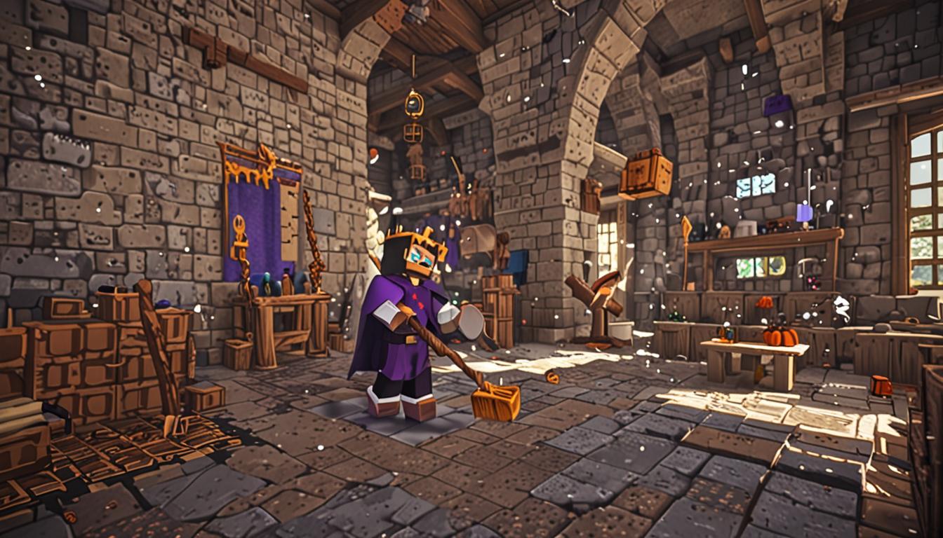 A Minecraft-style blocky castle interior with pixelated stone brick walls and floors, where a villager character with noble attire including a dark purple cape and crown is actively cleaning with a blocky broom, surrounded by scattered pixelated items and dust particles floating in the air. The scene shows the baron character apologetically interacting with several Minecraft villagers who have various professions indicated by their blocky clothing, all rendered in the classic Minecraft aesthetic with square heads and simplified features. In the foreground lies a distinctive staff item with a vacuum-like attachment made of dark obsidian blocks and glowing purple enchantment particles, now lying dormant on the cobblestone floor. The castle's great hall features tall arched windows letting in warm golden sunlight that creates dramatic blocky shadows across the scene, while wooden chests and barrels are visible in the background, some open to show colorful pixelated treasures being returned to their rightful owners. The overall atmosphere conveys redemption and community cooperation through warm lighting and the friendly positioning of the blocky characters around the reformed baron, all rendered in Minecraft's signature low-resolution, cubic art style with vibrant but limited color palette typical of the game's visual design.