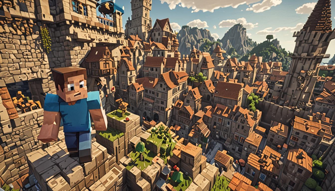 A Minecraft-style blocky, pixelated scene showing a heroic Steve character standing triumphantly on a tall cobblestone tower overlooking a vast Minecraft village below, with his signature blocky blue shirt and dark pants rendered in perfect cubic detail. The village spreads out beneath him with numerous pixelated villagers going about their daily tasks, their brown robes and distinctive large noses clearly visible in the blocky Minecraft aesthetic. Golden sunlight streams through cubic clouds in the sky, casting warm orange and yellow lighting across the scene and creating dramatic shadows on the stone blocks. In the foreground, various Minecraft tools are scattered on the ground - a diamond pickaxe, iron sword, and wooden crafting table - all rendered in their iconic blocky, pixelated forms with sharp edges and geometric shapes. The Steve character has his arms raised in victory, his square head tilted slightly upward toward the bright sky, embodying the spirit of someone who has overcome challenges and learned to embrace what makes them unique. The entire scene pulses with warm, inspiring light that highlights every cubic detail of the Minecraft world, from the grass blocks with their distinctive green tops and brown sides to the perfectly square windows of the village houses below.