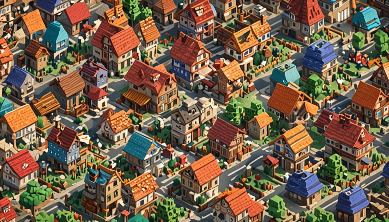 A vibrant Minecraft village scene with blocky, pixelated buildings being reconstructed by numerous Steve and Alex characters working together, their arms moving in characteristic Minecraft animation style. The village features a mix of colorful, whimsically designed houses with intentionally crooked walls and upside-down block placements that create a charmingly chaotic architectural style, built from various Minecraft blocks like cobblestone, oak planks, and colorful wool blocks. In the center of the village square stands a bright, eye-catching candy shop with a blocky storefront made of pink and purple blocks, large pixelated windows displaying glowing, bouncy candy items that sparkle with enchanted particle effects. The shop's sign features blocky candy symbols and is surrounded by floating, shimmering treat blocks that emit colorful particles. Happy villager NPCs with their characteristic large noses and brown robes are scattered throughout the scene, some holding blocky tools like pickaxes and shovels, others carrying stacks of building blocks above their heads. The entire scene is bathed in warm, golden Minecraft sunlight with long blocky shadows, and magical sparkles and particles float through the air, suggesting recent magical activity. Small details include scattered building materials like wood planks, stone blocks, and colorful wool arranged in neat pixelated piles around the construction sites.