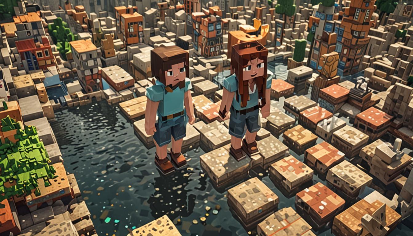 A Minecraft village scene showing a young blocky female character with pixelated features standing proudly in the center, surrounded by quirky, unconventional buildings with mismatched block patterns and upside-down architectural elements that appear charmingly wonky yet creative. Scattered around her feet are distinctive spotted blocks with unique textures, gleaming slightly in the ambient lighting. Small puddles of water blocks reflect the character and surrounding structures, with ripple effects suggesting recent splashing and dancing. The village buildings in the background show signs of recent crisis or damage, with some blocks displaced or cracked, while the character's immediate area radiates a warm, magical glow suggesting newfound power or ability. The overall atmosphere combines the cozy, familiar aesthetic of a Minecraft village with an undertone of triumph and self-discovery, featuring warm sunset lighting that casts long blocky shadows across the cobblestone pathways and highlights the character's confident stance amidst her collection of unusual, spotted blocks.