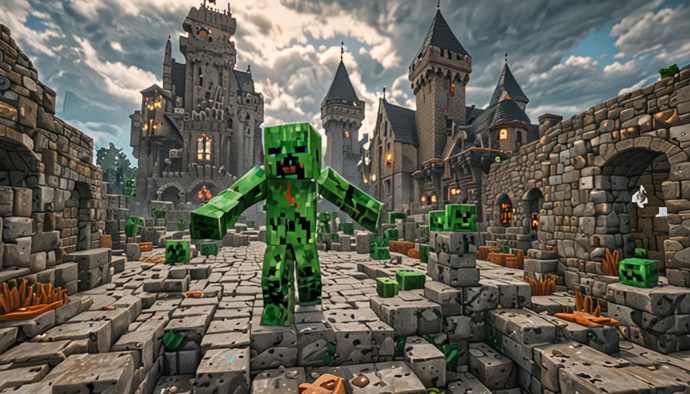 A vibrant Minecraft scene showing a pixelated character named Gooeybooger with blocky green slime textures creating bouncy, translucent emerald-colored slime block platforms that glow with a subtle inner light. Above medieval castle towers made of cobblestone and stone bricks, a Minecraft player character dances joyfully on these gelatinous platforms while dark storm clouds gather overhead, rendered in chunky pixelated gray and black blocks with occasional lightning effects. Below, a parade of friendly Minecraft animals including white and brown blocky rabbits with twitching square ears, chunky chickens with red pixelated combs, and a black-and-white spotted cow with cubic udders, all carrying various colored blocks in their mouths or on their backs. The scene shows these animals moving in a line toward a distant village with blocky wooden houses and glowing yellow window squares, while scattered building blocks of different materials like wood planks, cobblestone, and dirt blocks are being transported across a lush green grass terrain dotted with pixelated flowers and trees with square leaves.