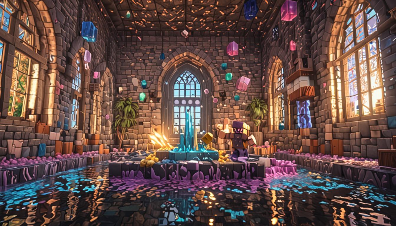 A dramatic Minecraft castle throne room scene with blocky stone brick walls and tall pixelated windows, where a Minecraft player character performs an elaborate dance while holding a shimmering enchanted watering can with glowing blue and purple particle effects. In the background, the villainous Baron Puscrust character is trapped and flailing helplessly in a pool of iridescent rainbow-colored slime blocks that shimmer with magical properties. Above the dancing character, fluffy white and gray cloud blocks are materializing and floating through the open castle windows, with small blue water droplet particles beginning to fall. The throne room features a grand blocky stone throne, ornate pixelated banners hanging from the walls, and torch lighting that casts dramatic shadows across the cobblestone floor, while magical sparkles and enchantment particles swirl around the dancing figure creating an atmosphere of mystical crisis and adventure.