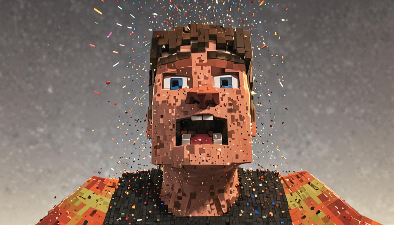 A dramatic Minecraft scene showing a blocky, pixelated character named Gooeybooger in the middle of an enormous sneeze, with his square head tilted back and mouth wide open in classic Minecraft style. Brilliant rainbow-colored particle effects and sparkles are explosively shooting out from his blocky nose like magical fireworks, creating streams of vibrant pixelated colors - red, orange, yellow, green, blue, indigo, and violet blocks and particles filling the air. Another Minecraft character, Baron Puscrust, stands nearby completely covered in shimmering, translucent rainbow slime that drips down his blocky form, with sticky droplets rendered in bright, iridescent pixels that catch the light. The scene takes place in a typical Minecraft landscape with grass blocks, stone, and dirt terrain visible in the background, all maintaining the signature low-resolution, cubic aesthetic. The lighting creates dramatic shadows and highlights on the characters' square faces and bodies, while the rainbow particle effects illuminate the surrounding blocky environment with magical, colorful glows that reflect off nearby surfaces.