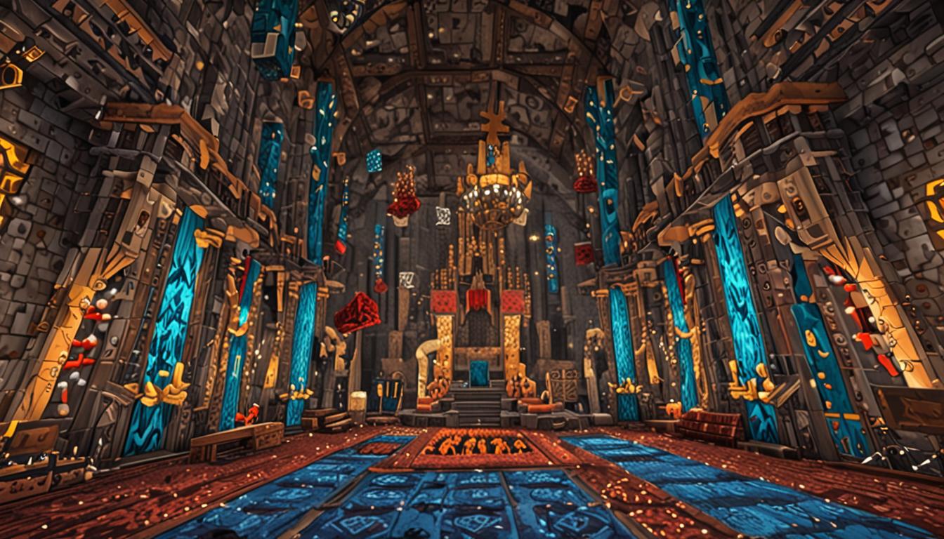 A massive Minecraft castle throne room with towering ceiling-high stacks of various colorful blocks scattered throughout the enormous chamber, creating an imposing landscape of stolen treasures. The central focus is a menacing baron character with blocky Minecraft-style features sitting on an ornate throne constructed entirely from bright blue diamond blocks that gleam with pixelated reflections. The baron wears a elaborate crown crafted from diverse Minecraft building blocks including distinctive spotted blocks with white and black dotted patterns, while his face displays an exaggerated greedy grin with sharp angular features typical of Minecraft villains. In his blocky hands, he grips a dark, ominous staff with swirling particle effects emanating from its tip, suggesting magical vacuum powers, while the weapon has a sleek obsidian-like texture with purple enchantment glints. The throne room's stone brick walls stretch upward into shadows, with small window openings casting dramatic shafts of golden sunlight that illuminate the countless block piles of dirt, stone, wood, and rare materials creating a chaotic but organized display of hoarded wealth in classic Minecraft pixelated style.