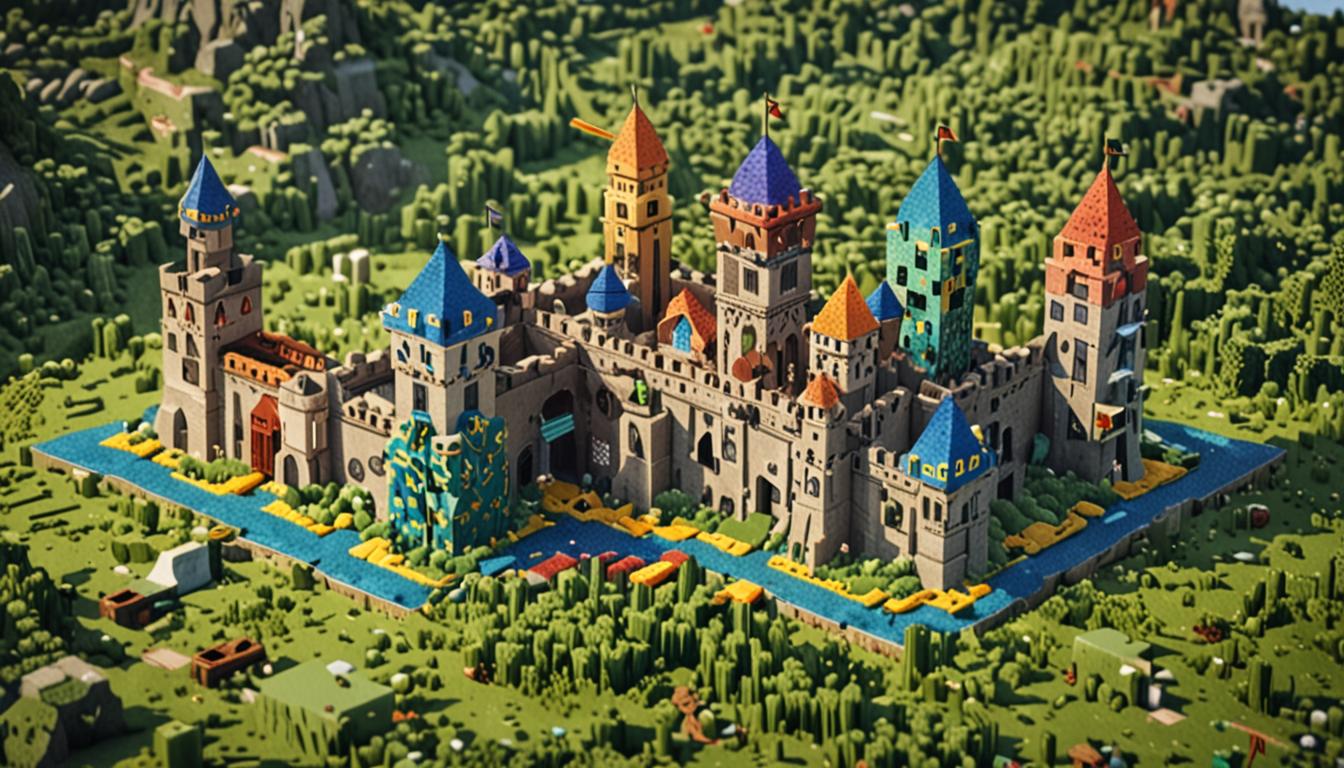 A massive Minecraft castle fortress dominates the landscape, constructed from an eclectic mix of stolen blocks including vibrant rainbow wool blocks in every color, gleaming diamond blocks with their characteristic blue sparkle, and unique spotted blocks with distinctive pixelated patterns. Two Minecraft characters with blocky heads and bodies are running across a grassy countryside terrain made of green grass blocks, their cubic forms captured mid-sprint as they approach the towering structure. The castle appears impossibly tall, stretching high into a cloudy Minecraft sky filled with square, blocky white and gray clouds, giving the fortress an ominous, ever-growing appearance that seems to pierce the heavens. The building's walls showcase the stolen blocks in chaotic but visually striking arrangements - patches of bright red, blue, yellow, and purple wool blocks intermixed with the brilliant cyan glow of diamond blocks and the mysterious spotted blocks with their unique dotted textures. The entire scene is rendered in classic Minecraft's distinctive blocky, pixelated art style with sharp edges, cubic geometry, and the game's characteristic lighting that casts dramatic shadows across the landscape while highlighting the various block textures and colors of this imposing fortress.