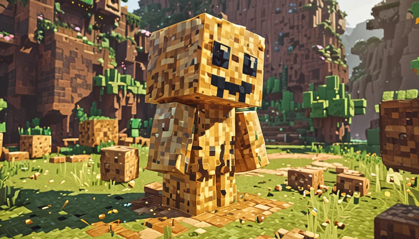 A vibrant Minecraft-style scene featuring a blocky, pixelated character named Gooeybooger, a unique slime-like creature with a translucent honey-golden cubic body that glistens with sticky, syrupy textures rendered in classic Minecraft block aesthetics. The friendly sidekick has large, sparkling pixelated eyes and a perpetual smile made of darker honey-colored blocks, with rainbow particle effects streaming from his cubic nose area, creating colorful sparkles that float through the air in geometric, blocky formations. His entire form appears bouncy and gelatinous while maintaining the signature cubic Minecraft structure, with honey-colored slime blocks dripping and oozing in perfectly square droplets that catch the light. The background shows a typical Minecraft landscape with grass blocks, oak trees, and distant mountains, all bathed in warm, golden sunlight that reflects off Gooeybooger's sticky surface, creating a magical, whimsical atmosphere. Cotton candy-pink particle effects swirl around the scene in pixelated clouds, while musical note blocks float nearby to represent his giggling sounds, and the entire composition radiates joy and adventure with bright, saturated colors typical of Minecraft's vibrant world palette.