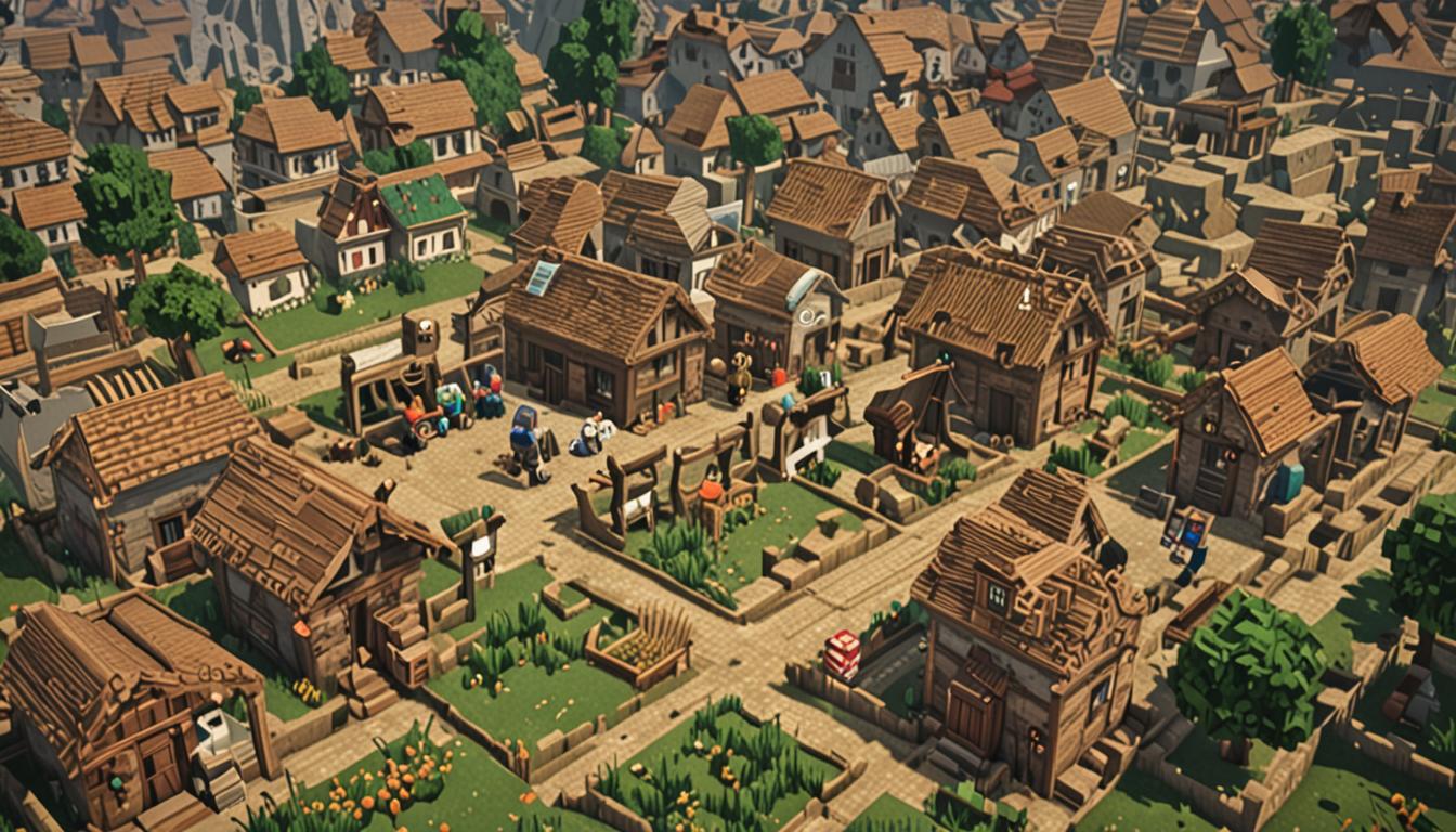A dramatic Minecraft scene showing a village in crisis with crumbling pixelated houses made of cobblestone, wood planks, and dirt blocks that are visibly deteriorating and missing chunks, creating gaps in walls and roofs. In the foreground, blocky Minecraft villager characters with their distinctive square heads and brown robes huddle together under crude temporary shelters constructed from oak leaf blocks and stick items, their pixelated faces showing distress. The makeshift shelters appear fragile and poorly constructed, with leaf blocks scattered unevenly and wooden sticks poking out at odd angles. In the background, a towering and opulent castle made from gleaming gold blocks, diamond blocks, emerald blocks, and other precious Minecraft materials rises majestically into the sky, its pixelated walls perfectly intact and adorned with elaborate blocky architectural details, creating a stark contrast to the poverty below. The ground around the village shows bare dirt blocks and stone blocks scattered sparsely, emphasizing the scarcity of building materials, while the lighting casts long shadows that enhance the somber, desperate atmosphere of the scene. The entire image maintains the characteristic blocky, pixelated Minecraft aesthetic with sharp edges and cube-based structures throughout.