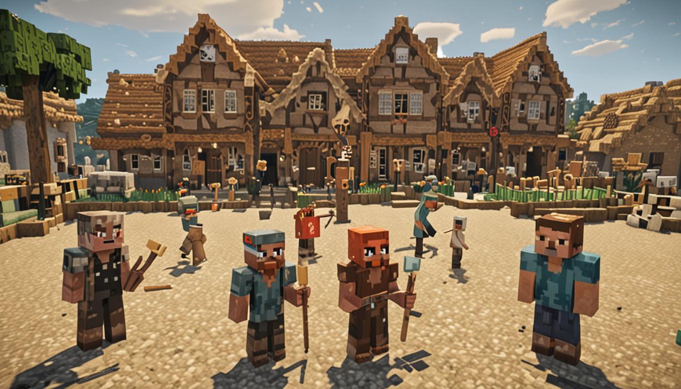 A Minecraft scene showing a blocky pixelated player character standing in a village square, holding up a crudely crafted tool made of brown dirt blocks and wooden sticks instead of a proper pickaxe, with confused and amused villager NPCs surrounding them with their characteristic large noses and crossed arms. In the background stands a hilariously crooked house with walls tilting at odd angles, made of mismatched blocks, and a roof that appears to sag and droop like melting cake frosting, with some blocks appearing to slide off. The pixelated player character has their mouth open as if talking to a group of Minecraft animals - cows, pigs, chickens, and sheep - that are gathered around them in a circle, with the animals appearing to nod and respond as if they understand. The scene is set during daytime with bright Minecraft lighting, green grass blocks covering the ground, and other properly built village houses in the distance for contrast. Water blocks can be seen flowing in the background, referencing the water theft crisis theme, with some buckets scattered around the scene. The overall atmosphere captures the humorous, lighthearted nature of the crafting mishaps and silly interactions described in the story.