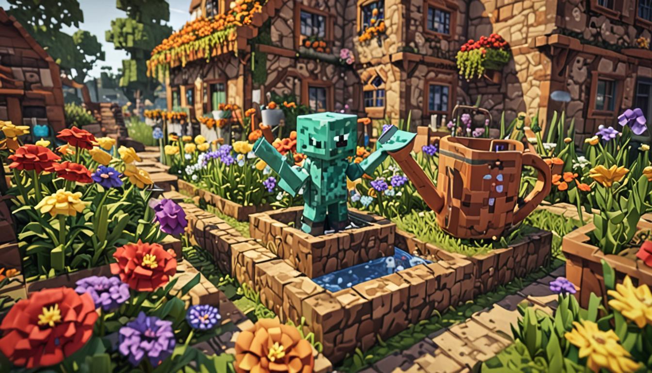 A Minecraft scene featuring a blocky, pixelated character holding a shimmering enchanted watering can with purple and blue magical particles emanating from its spout, standing in a lush village garden filled with instantly blooming pixelated flowers in vibrant reds, yellows, and blues. Scattered around the scene are glowing diamond blocks nestled inside brown terracotta flower pots, and bright green emerald blocks partially hidden behind a cascading waterfall made of flowing water blocks. Above the character, dark gray rain clouds hover with droplets of water falling in blocky pixel patterns, while magical sparkles and enchantment particles swirl through the air. The village backdrop shows cobblestone houses with wooden doors and glass windows, all rendered in classic Minecraft's cubic, low-resolution style with sharp edges and pixelated textures. Soft ambient lighting illuminates the scene with a warm, hopeful glow despite the overcast sky, creating an atmosphere of hidden potential and magical discovery within the familiar blocky Minecraft aesthetic.