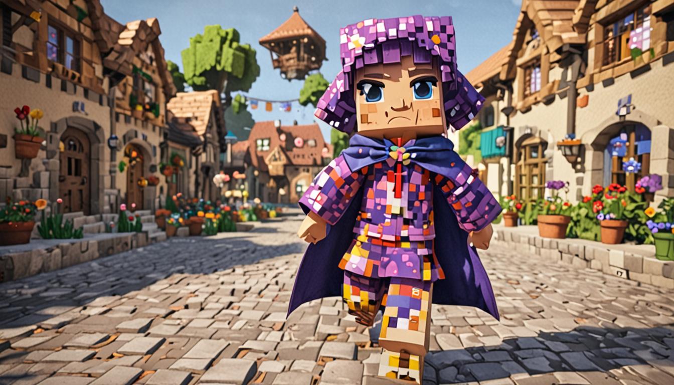 A cheerful Minecraft villager character named Dame Drizzlepox stands in the center of a blocky village square, featuring distinctive bright purple pixelated hair adorned with small blue flower blocks scattered throughout. She wears a vibrant polka-dotted cape crafted from rainbow-colored wool blocks in classic Minecraft style, with each polka dot rendered as a perfect square in contrasting colors across the flowing cape. Her blocky hands hold a diamond pickaxe while she stands near several small puddles of animated water blocks, with her feet positioned as if mid-dance. Scattered around her feet are colorful spotted blocks resembling chicken pox patterns - cube-shaped blocks with red, pink, and white circular spots in pixelated form. The background shows typical Minecraft village buildings with cobblestone and wood plank construction, while other blocky villager NPCs with their characteristic large noses and brown robes stand nearby, their faces showing amused expressions. The scene is lit with warm, diffused Minecraft-style lighting that creates soft shadows on the blocky terrain, and the overall atmosphere conveys a whimsical, lighthearted mood despite the villagers' gentle mockery of Dame Drizzlepox's unconventional building skills.