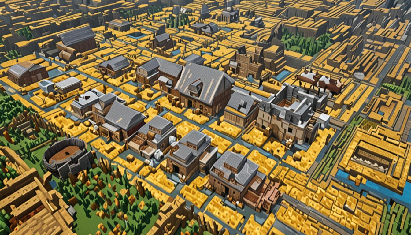 A bright Minecraft village scene under clear blue skies with yellow pixelated sun rays, showing multiple cobblestone wells with empty water buckets scattered around them, their stone rims completely dry without any water blocks visible. Blocky wheat crops in brown and yellow hues are drooping and withered in geometric farm plots, while pixelated cows, pigs, and sheep with droopy expressions gather around empty water troughs made of wooden planks. Square-headed villagers in brown robes are running frantically between buildings with worried expressions, their blocky arms flailing as they move through the dusty dirt pathways. Dominating the center of the scene is an enormous obsidian beetle creature named Ticklebeetle, constructed entirely of shiny black obsidian blocks with a glossy reflective surface, featuring magnificent wings made of sparkling diamond blocks that catch and refract the sunlight into prismatic rainbow effects across the village. The beetle's body segments are clearly defined in the characteristic Minecraft blocky style, with each obsidian block perfectly aligned, while its diamond wings spread wide and shimmer with enchanted-looking particle effects floating around them.