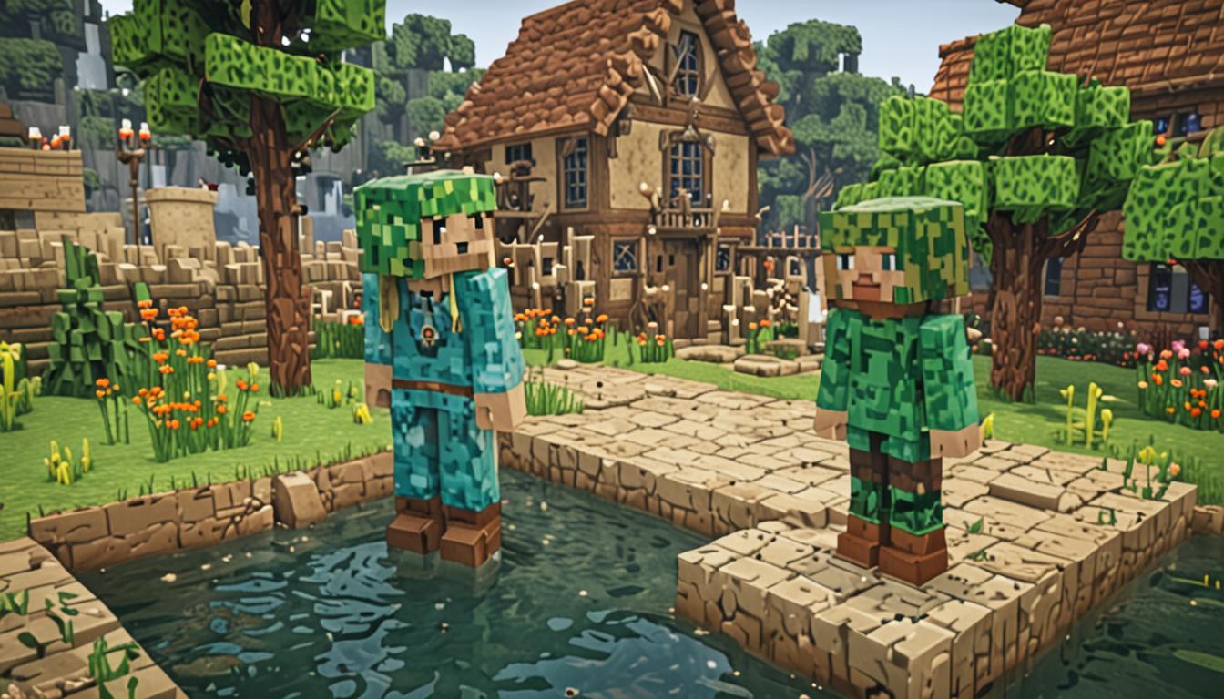 A blocky, pixelated Minecraft scene showing two characters meeting in a village setting during a water crisis. The main character Dame Drizzlepox stands as a tall, blocky Minecraft figure with angular features and pixelated clothing textures. Beside her is Gooeybooger, a shorter, rounder Minecraft character with messy green blocky hair made of lime green wool blocks and bright yellow-orange overalls crafted from gold and orange concrete blocks that shimmer with enchanted glinting effects in the bright sunlight. His cubic backpack is overflowing with glass bottles filled with golden honey (appearing as honey blocks) and green slime balls that spill out in perfect Minecraft item form, creating small piles of slime blocks around his feet. The village background features typical Minecraft houses made of cobblestone, oak wood planks, and red clay roof tiles, with dried-up water sources visible as empty stone basins and cracked dirt blocks where water once flowed. Bright sunlight casts sharp, blocky shadows across the pixelated landscape, illuminating the golden honey textures and creating a warm, adventure-ready atmosphere despite the underlying water shortage crisis affecting the settlement.