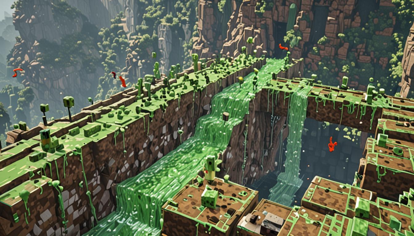 A vibrant Minecraft scene featuring a massive bouncy slime bridge made of translucent green slime blocks stretching across a deep stone and dirt ravine, with pixelated bounce effects and sparkly particles floating around it. In the foreground, two blocky Minecraft characters are mid-bounce on the slimy bridge surface, their square bodies positioned as if jumping on trampolines with motion lines indicating movement. To one side of the ravine stands a large pixelated oak tree with a distinctive blocky trunk and leafy canopy, completely covered in animated yellow and black striped Minecraft bees that are buzzing around happily with small musical note particles floating near them. The character named Gooeybooger has a distinctive slimy, translucent green texture with sparkly glitter effects emanating from around his blocky head area, suggesting magical sneezing powers. Bright, shimmering particles in rainbow colors drift through the air around the entire scene, giving everything a magical, joyful atmosphere. The lighting is warm and cheerful with soft shadows cast by the tree and bridge, while the deep ravine below shows layers of stone, dirt, and darker blocks creating depth and contrast to the whimsical scene above.
