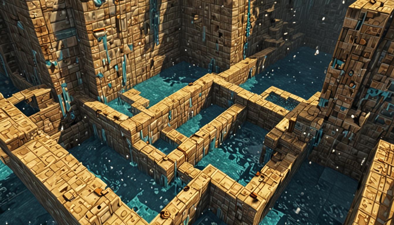 A vast underground Minecraft cavern with blocky stone walls that shimmer and sparkle with flowing water streams cascading down in pixelated patterns, creating an intricate maze-like structure. Large rectangular pools of bright blue water blocks are scattered throughout the chamber, each pool glowing softly with Minecraft's signature water animation. Golden honey blocks and sticky honey textures cover various surfaces, creating trap-like formations with their characteristic amber glow and translucent appearance. In the center of the cavern stands Ticklebeetle, a large blocky beetle character with distinctive diamond-textured wings that catch and reflect light in brilliant blue and white sparkles, his pixelated form splashing in a central water pool. The beetle has the classic Minecraft mob aesthetic with cubic body segments in dark brown and black blocks, antennae made of thin block elements, and oversized diamond wings that gleam with enchanted-looking particles. Warm torchlight illuminates the scene from mounted wall torches, casting dancing shadows across the wet stone blocks while honey blocks emit their own soft golden luminescence, creating a magical underground atmosphere filled with the interplay of blue water reflections and amber honey glows.