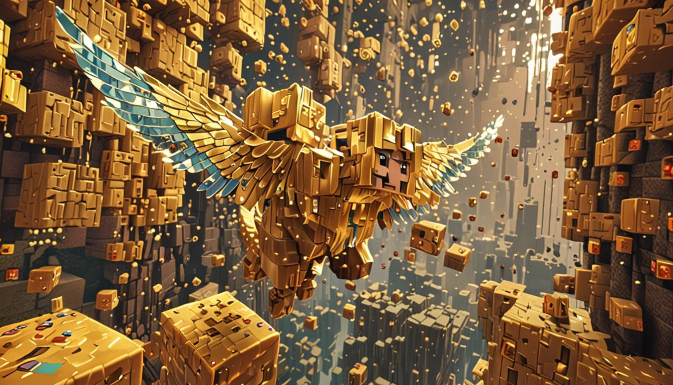 A dramatic Minecraft scene showing a large pixelated fairy-like creature with shimmering diamond-textured wings that are completely covered in thick, golden honey blocks and sticky textures, with rainbow-colored particle effects scattered throughout the air like glittering Minecraft enchantment sparkles. The creature appears to be struggling to fly, with its blocky diamond wings weighed down by dripping honey that forms golden stalactites hanging from the wing edges. In the foreground, another smaller blocky character with a green, slimy texture is mid-sneeze, with explosive particle effects of rainbow sparkles and honey blocks shooting outward in all directions. The background shows stolen water represented by flowing blue water blocks and streams being carried away, while the entire scene is illuminated with magical Minecraft-style lighting that makes the diamond wings shimmer and the honey glisten with amber reflections. Sticky honey puddles form pixelated pools on the ground below, creating a chaotic but visually striking Minecraft-style magical confrontation scene.