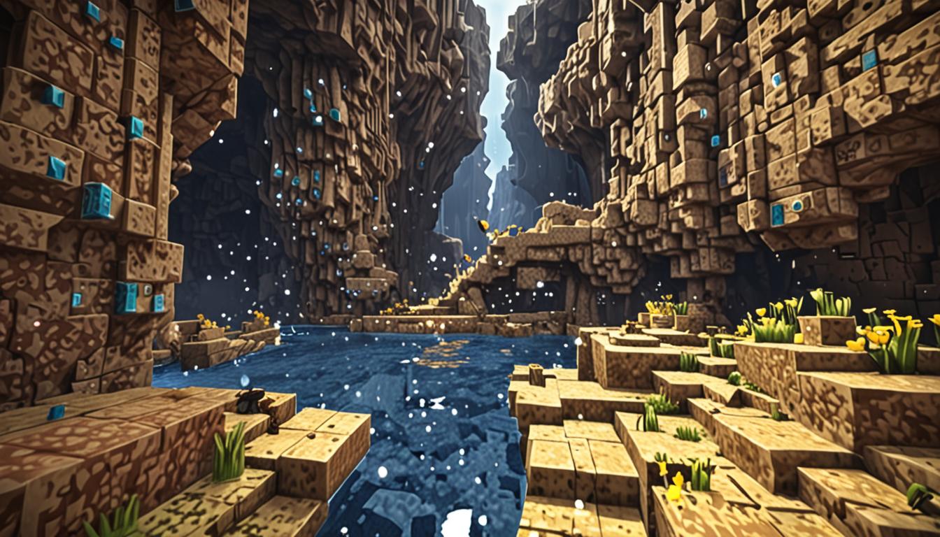 A Minecraft-style underground cave scene with blocky, pixelated stone walls and tunnels, featuring a player character holding an enchanted diamond watering can that glows with magical blue particles and sparkles. Streams of clear, flowing water blocks cascade through the cave tunnels, creating waterfalls and rivers that wind toward distant village wells visible in the background. Dozens of Minecraft-style bees with their characteristic yellow and black striped blocky bodies buzz around carrying golden honey blocks and honeycomb items, their wings creating small particle effects as they fly. In the foreground, a large beetle-like mob with iridescent green and purple blocky armor sits peacefully next to colorful flower patches made of various Minecraft flowers including roses, dandelions, and tulips arranged in neat garden plots. The cave is warmly lit with torch light and glowstone blocks, casting a golden glow on the wet stone surfaces, while water droplet particles shimmer in the air and honey blocks glisten with a sticky, amber texture throughout the scene.