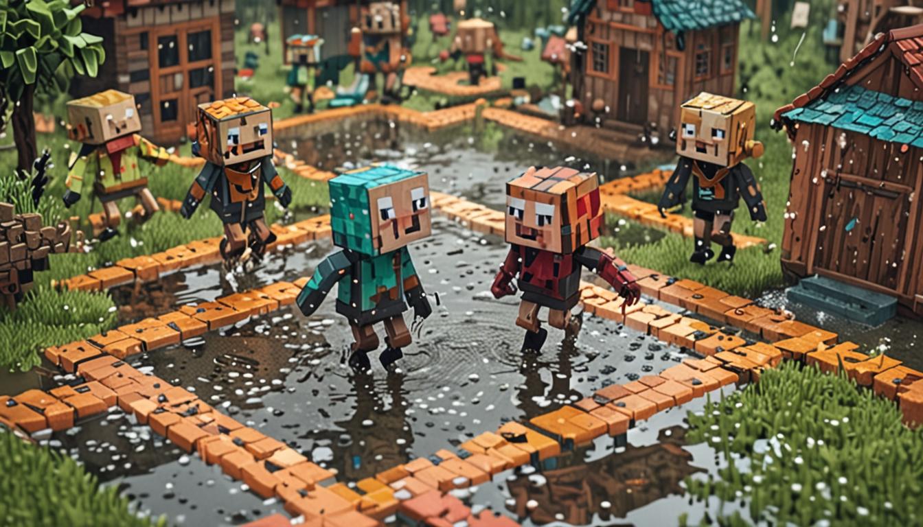 A vibrant Minecraft village scene during rainfall with blocky pixelated villagers joyfully dancing in square water puddles that splash with geometric droplets. The central focus shows a unique Minecraft character with distinctive features celebrating alongside traditional cubic villagers, all rendered in the classic blocky aesthetic. A whimsical creature named Ticklebeetle, designed as a colorful blocky beetle with spinning animation, creates comedic movement by rotating in circles while the other characters laugh with pixelated expressions. The village features a magnificent flower garden with rainbow-colored Minecraft flowers that emit sparkling particle effects and glowing pixels in the golden sunlight, each bloom crafted in the signature cubic style with vibrant block-based petals. The scene captures warm lighting with volumetric rain effects, puddles reflecting the colorful environment, and the overall atmosphere of community celebration and acceptance, all maintaining the distinctive pixelated, blocky Minecraft visual style with rich textures and dynamic lighting that emphasizes the magical quality of the rainbow garden and the joyful village gathering.