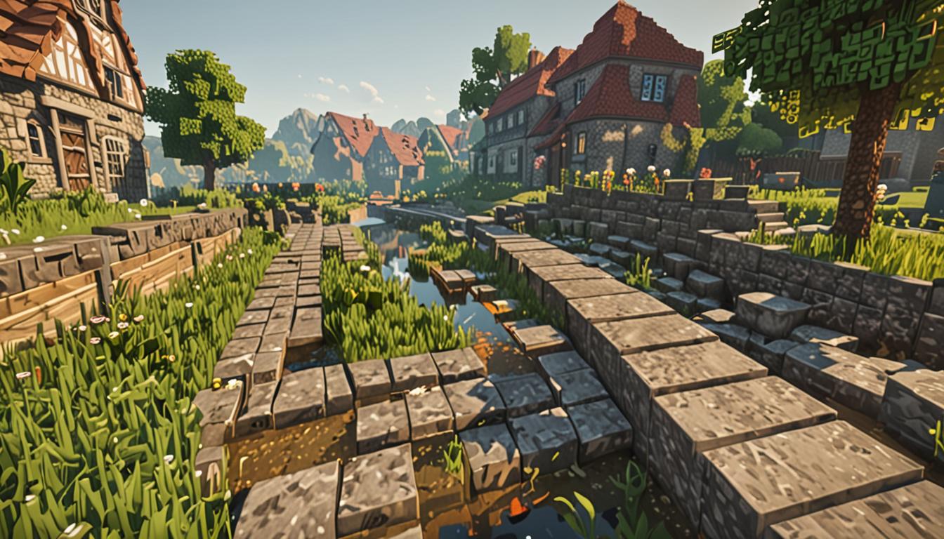 A bright, sunny Minecraft village scene with golden sunlight casting blocky shadows across cobblestone pathways and pixelated grass blocks. In the foreground, a partially demolished garden wall made of gray cobblestone blocks shows missing sections with floating particles and breaking block animations, while scattered cobblestone items lie on the green grass blocks below. A wooden plank bridge stretching over a small pond of blue water blocks is visibly crumbling, with several wooden planks missing and others appearing to break apart with classic Minecraft destruction effects and floating wooden block items. The village features typical Minecraft buildings with oak wood walls, cobblestone foundations, and red clay tile roofs, all rendered in the characteristic blocky, pixelated style. In the background, rolling hills made of grass blocks and stone show mysterious dark shadows and particle effects suggesting unseen disturbances, while the overall atmosphere maintains the bright, cheerful lighting of a Minecraft morning despite the strange destruction occurring throughout the scene.