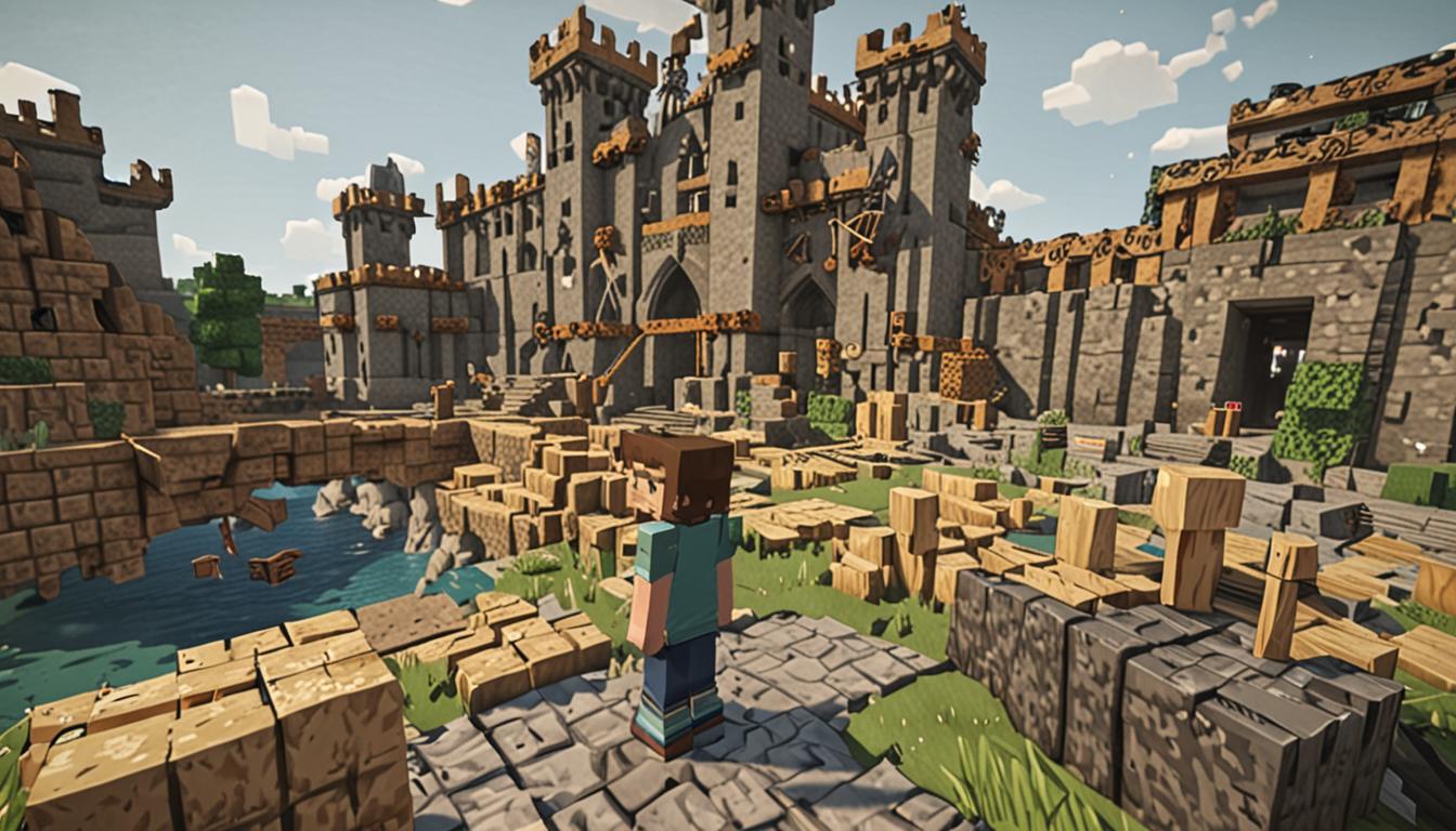 A Minecraft scene showing a pixelated player character with a sad expression standing amid a partially collapsed blocky structure, with scattered stone and wood blocks around their feet indicating recent building failures. The character holds a wooden pickaxe in one hand and stone blocks in the other, with their blocky head tilted downward in disappointment. In the background, magnificent Minecraft castles and bridges built by master builders tower majestically with perfect cobblestone walls, oak wood supports, and intricate redstone mechanisms, creating a stark contrast to the simple, broken foundation in the foreground. The lighting has a melancholic golden sunset glow filtering through the pixelated landscape, casting long blocky shadows across the terrain. Small floating experience orbs and block particles drift around the scene, suggesting recent mining and building activity. The ground is covered with various Minecraft building materials like cobblestone, wooden planks, and dirt blocks scattered haphazardly, emphasizing the character's struggle with construction skills while maintaining the classic blocky, pixelated Minecraft aesthetic throughout the entire scene.