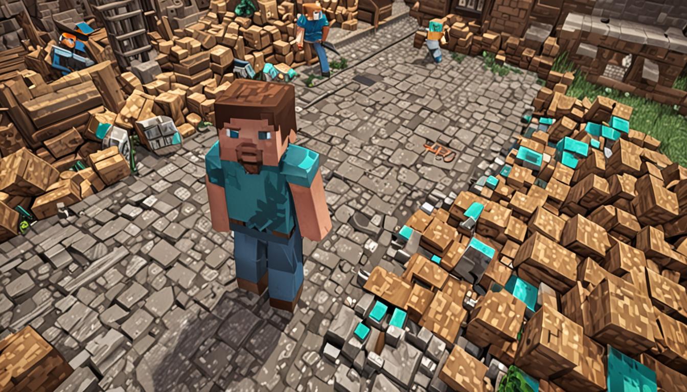 A Minecraft-style village scene featuring a clumsy blocky character named Breck standing among scattered broken blocks and construction debris. The pixelated character has the classic Minecraft Steve-like appearance with brown hair and wears a blue shirt, holding a diamond pickaxe awkwardly in his blocky hands. Around him are partially destroyed cobblestone and wooden structures with blocks floating in mid-air as if just broken, some cracking with white break-line textures. The village background shows other Minecraft villagers with their characteristic large noses watching from a safe distance, some shaking their square heads in dismay. Broken tools lie scattered on the grassy ground including damaged wooden and stone pickaxes, hammers, and building blocks. The lighting has a warm daytime ambiance with the sun casting blocky shadows, while particles and dust clouds made of tiny square pixels float around the destruction zone. The overall scene captures a humorous moment of construction chaos in the distinctive low-resolution, cubic Minecraft art style with vibrant colors and sharp pixelated edges.