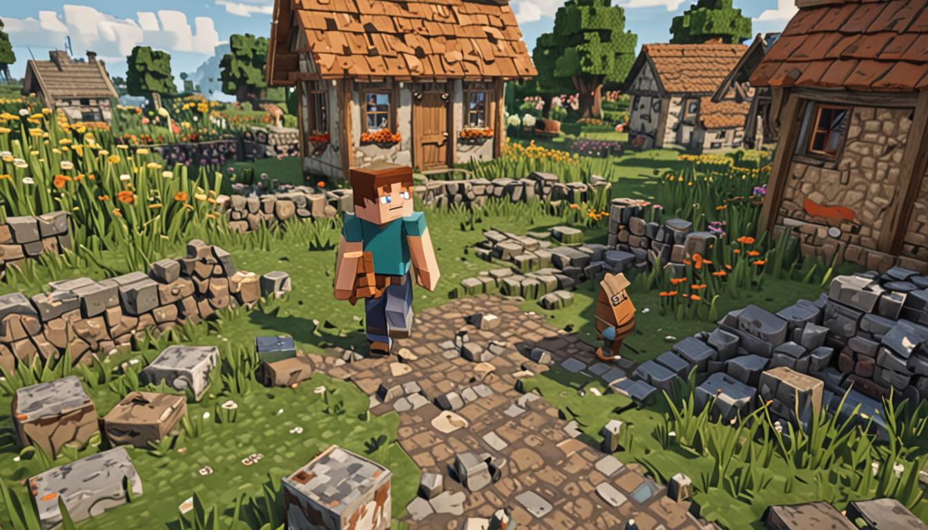 A Minecraft village scene showing a young blocky pixelated character standing amid scattered broken stone blocks, dirt blocks, and wooden planks littering the ground around them. The character holds a bulging brown leather backpack overflowing with cracked cobblestone, damaged wooden blocks, and fragmented stone bricks spilling onto the grass. Behind them stands a hilariously lopsided house with crooked cobblestone walls leaning at impossible angles, wooden doors mounted upside-down, and a roof made of mismatched blocks that appears ready to collapse. Several other blocky Minecraft villager characters with their distinctive long noses point and laugh in the background near properly constructed village houses with straight walls and normal doorways. The scene is bathed in bright morning sunlight with long pixelated shadows stretching across the green grass blocks, while small dust particles float in the air around the unstable structure. In the foreground, more broken blocks are scattered about including cracked stone bricks, splintered oak planks, and damaged cobblestone pieces, all rendered in classic Minecraft's blocky, pixelated art style with sharp edges and distinct block textures.