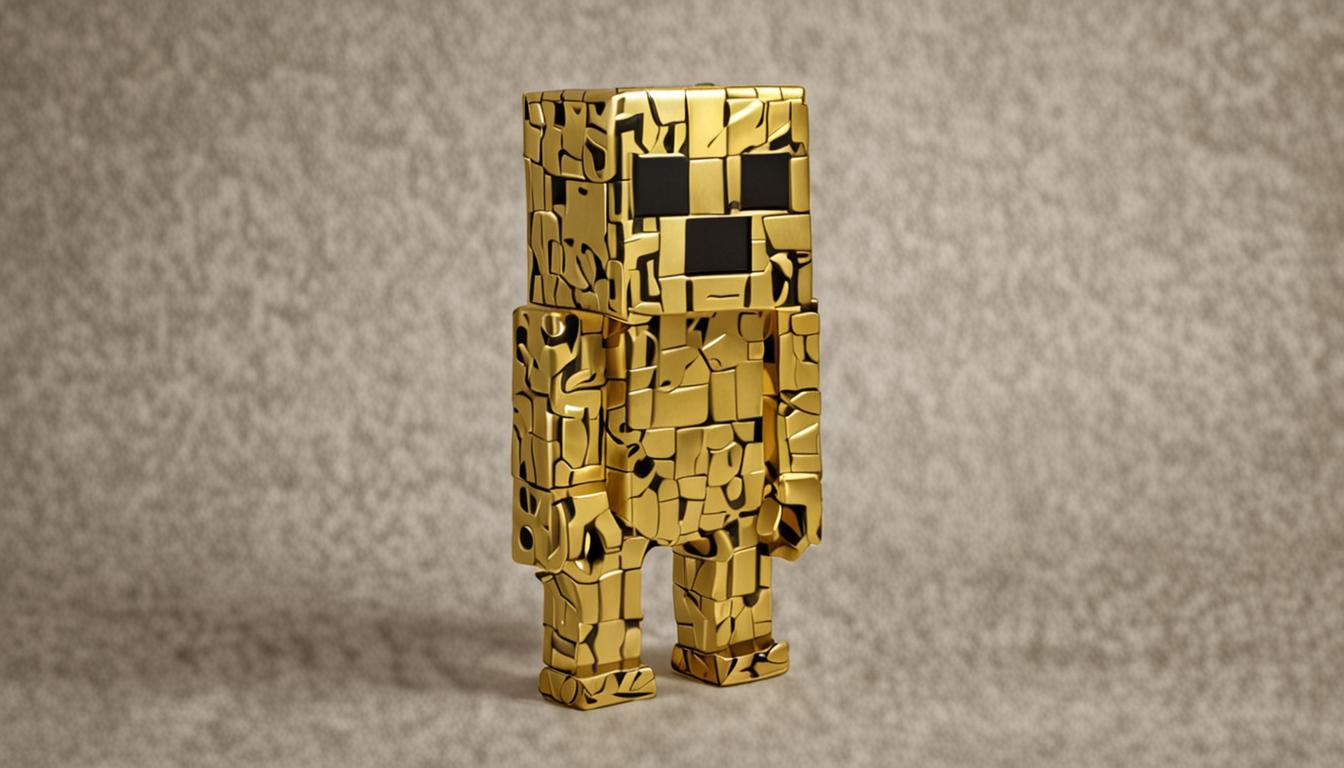 A menacing Minecraft-style creeper named Tootcreep constructed entirely from gleaming brass blocks with metallic golden-yellow textures, featuring the characteristic blocky creeper body shape but with shimmering reflective surfaces that catch dramatic lighting. The brass creeper displays an exaggerated pouty frown expression with downturned pixelated mouth blocks and narrowed rectangular eye openings, creating a comically villainous appearance against the typical creeper design. Magical purple and blue particle effects swirl around Tootcreep as he uses mystical powers to levitate various Minecraft blocks - cobblestone, wood planks, dirt blocks, and stone bricks - that float in mid-air around him in a mesmerizing parade formation. The stolen village blocks trail behind the brass creeper in perfectly aligned rows, glowing with enchanted auras and casting colorful light reflections on nearby surfaces. The scene takes place in a typical Minecraft village setting with blocky houses, dirt pathways, and wooden structures visible in the background, while dramatic shadows and golden lighting emphasize the supernatural theft occurring as blocks mysteriously rise from buildings and float through the pixelated air in geometric formations.