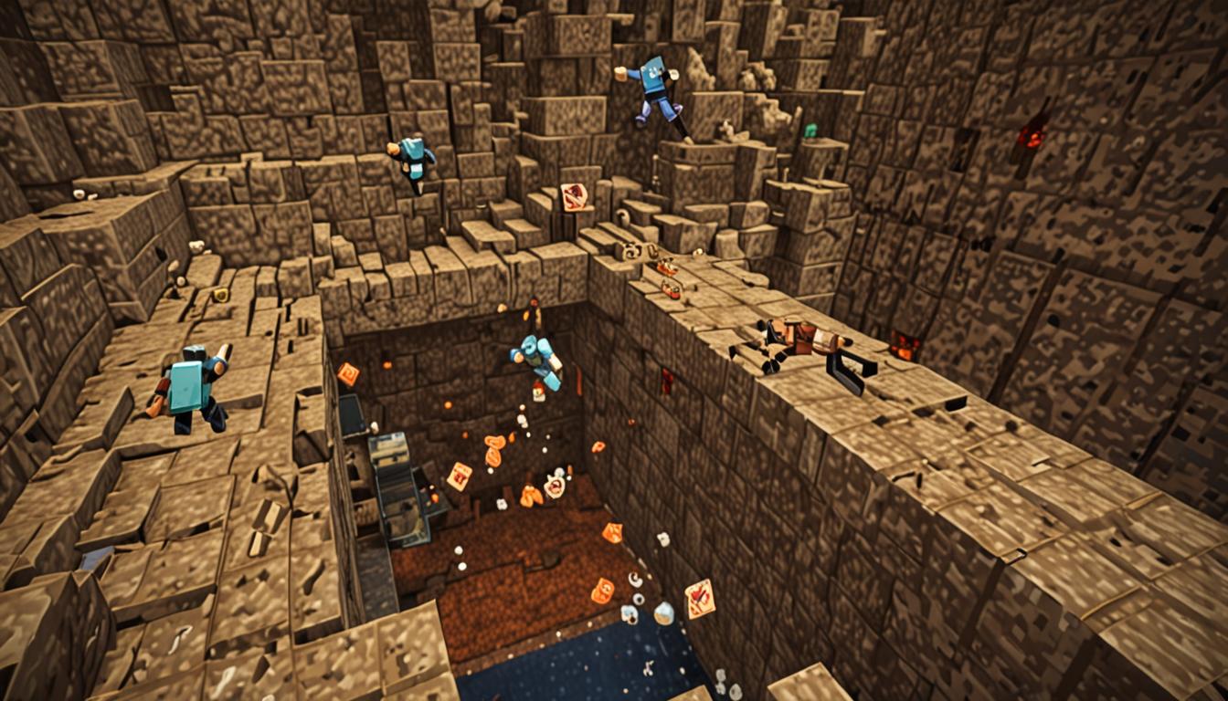 A dramatic Minecraft scene showing two blocky pixelated players falling through a massive underground pit after breaking through the surface. The fortress looms in the background with dark stone brick walls and intimidating towers rendered in classic Minecraft block style. One player character has just accidentally broken a suspicious brown dirt block with their blocky elbow, causing a chain reaction collapse. Both players are mid-fall with their arms flailing in typical Minecraft character animation style, surrounded by falling dirt and stone blocks creating dust particle effects. The pit reveals multiple layers of different Minecraft blocks - dirt, stone, and deeper cave systems below with dim lighting from torches. The scene captures the moment of the "WHOOSH" with motion lines and debris scattered around the gaping hole in the ground. The lighting contrasts the darker fortress shadows with the bright opening of the pit, creating a sense of danger and surprise in the classic Minecraft aesthetic.