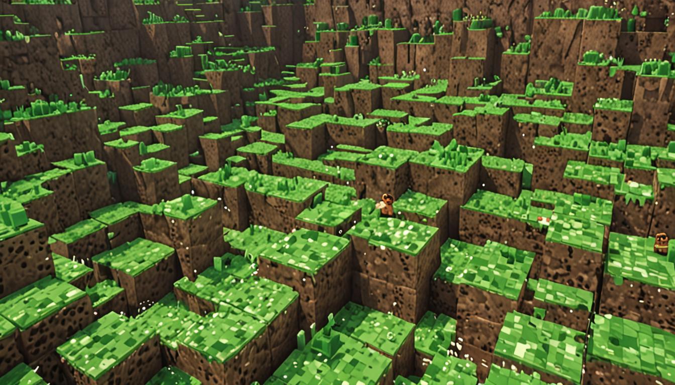 A deep, rectangular pit carved into blocky Minecraft terrain with stone and dirt walls, filled with dozens of vibrant green cubic slimes bouncing energetically in all directions. The slimes have their characteristic gelatinous, translucent green blocky texture with darker green cores visible inside, creating a chaotic scene of constant motion as they leap and collide with pixelated bounce effects. Two Minecraft player characters are trapped at the bottom of the pit, their blocky forms being launched upward by the bouncing slimes, with motion lines and impact particles showing the trampolinelike effect. Broken stone and dirt blocks are scattered around the pit edges and floating in mid-air, with cracked and crumbling textures indicating recent destruction from failed escape attempts. The pit walls show jagged, freshly broken edges where blocks have been accidentally destroyed, creating an uneven, damaged surface. Soft ambient lighting filters down from above, casting blocky shadows and highlighting the glossy, bouncing surfaces of the green slimes while creating a sense of being trapped in this underground chamber filled with chaotic, bouncing mayhem.
