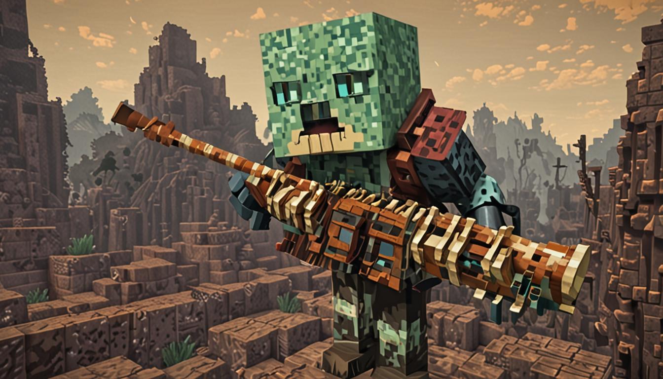 A menacing Minecraft creature named Tootcreep looms above with an exaggerated pouty expression, rendered in classic blocky Minecraft style with pixelated features and dark, intimidating colors. The scene shows Tootcreep holding a crudely crafted, blocky musical instrument that appears to be a hybrid of a rusty trumpet and broken accordion, with jagged pixelated edges and weathered brown-orange textures. Below, numerous bright green slime mobs are bouncing erratically in chaotic zigzag patterns across the landscape, their gelatinous cubic forms stretching and compressing as they move unpredictably. The surrounding environment shows complete chaos with Minecraft blocks - dirt, stone, grass, and wood planks - scattered and jumbled in disorganized piles, some floating mid-air as if displaced by the terrible music. Several blocky Minecraft sheep stand nearby, their wool transformed to a vivid magenta color with bright pixelated pink-purple textures contrasting sharply against the typical white wool. The overall atmosphere is one of magical chaos and discord, with sound waves visible as pixelated distortion effects rippling through the air, and the lighting has a slightly ominous quality with darker shadows emphasizing the problematic nature of Tootcreep's musical assault on the peaceful Minecraft world.