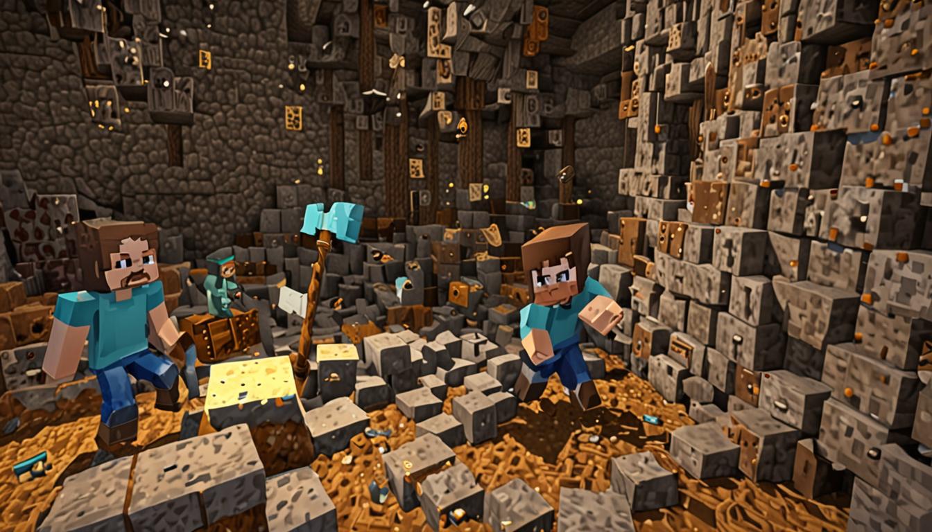 A Minecraft scene showing two blocky pixelated characters working together in a dimly lit underground cave or mine shaft, with one character actively breaking gray stone blocks and brown dirt blocks using a diamond pickaxe, creating scattered cubic debris floating in the air. The second character, representing Ollie, stands nearby organizing fallen block pieces into neat stacks - wooden planks, cobblestone, and crafting materials arranged in orderly pixelated piles. A makeshift ladder constructed from brown wooden blocks extends upward along the cave wall, appearing slightly crooked and improvised but functional, with some blocks still missing or misaligned. The cave environment features rough stone walls with visible ore veins, torches providing warm orange lighting that casts blocky shadows, and small particles of dust and block fragments suspended in the air from the recent mining activity. The characters display teamwork through their positioning and actions, with one focused on destruction while the other manages resources, all rendered in classic Minecraft's distinctive cubic, low-resolution aesthetic with sharp edges and pixelated textures throughout the entire underground scene.