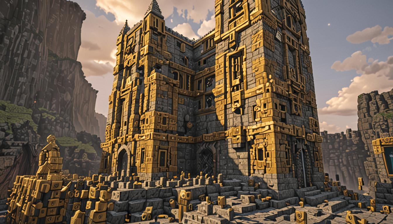A massive Minecraft fortress built from dark stone bricks and cobblestone towers looming in the background, with a towering boss-like creature named Tootcreep constructed entirely of gleaming brass-colored blocks that appear unstable and poorly connected. The brass blocks have a metallic golden-yellow pixelated texture but show visible gaps and misalignments between each cubic segment, creating a wobbly, precarious appearance. Tootcreep's blocky form trembles and shakes with each movement, brass blocks shifting and rattling loosely in their connections. In the foreground, two Minecraft player characters stand observing - one whispering to another named Ollie, both wearing typical blocky Minecraft skins with pixelated clothing and square heads. The scene is lit with dramatic fortress lighting, casting long shadows across the cobblestone ground, with torches mounted on the fortress walls creating flickering orange light that reflects off Tootcreep's unstable brass block construction, emphasizing the contrast between the solid stone fortress and the poorly-assembled brass giant.
