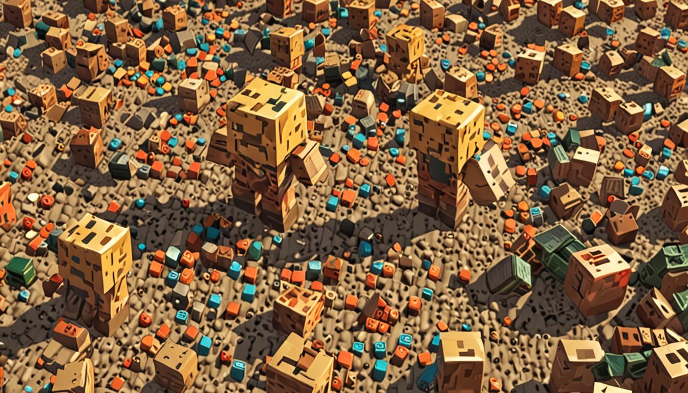 A chaotic Minecraft scene featuring Tootcreep, a blocky villager-like character with distinctive brass-colored, inflated cheeks glowing with golden metallic textures, standing in an aggressive pose with arms outstretched. Surrounding him are dozens of colorful Minecraft blocks floating and swirling through the air in a tornado-like pattern - stone blocks, dirt blocks, wood planks, and cobblestone all spinning and mixing together with motion blur effects. Several Minecraft sheep scattered across the grassy terrain display vibrant, unnatural wool colors including bright purple, lime green, hot pink, and electric blue, their blocky bodies contrasting against the green grass blocks beneath them. Above the chaos, a magnificent rainbow bridge stretches across the sky, constructed entirely of colorful Minecraft blocks arranged in perfect rainbow order - red wool blocks, orange terracotta, yellow concrete, green emerald blocks, blue lapis lazuli blocks, and purple blocks creating a solid pathway. In the distance, a quaint Minecraft village is visible with blocky houses featuring brown wooden walls, cobblestone foundations, and orange terracotta roofs, surrounded by pixelated trees and torch lighting. The entire scene pulses with dynamic energy lines and sound wave effects radiating from Tootcreep's brass cheeks, while particles and block fragments fill the air with a sense of magical chaos and transformation.