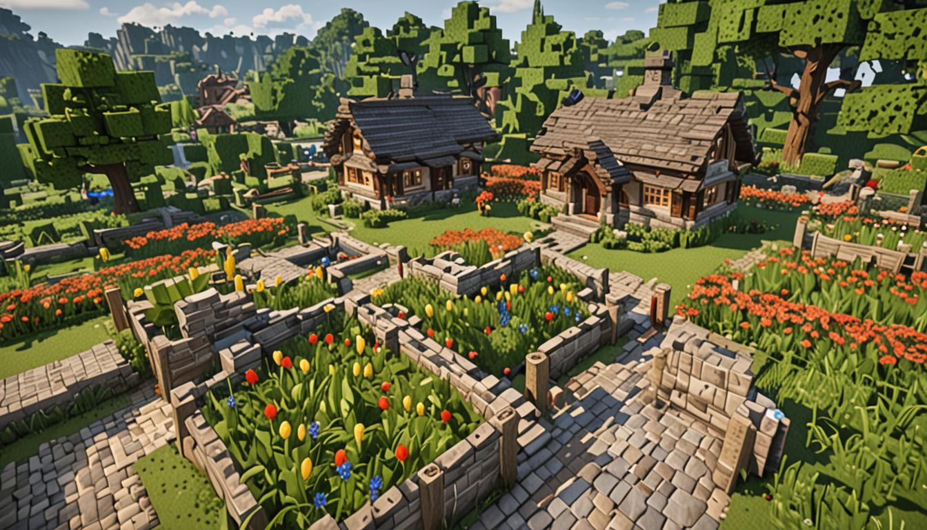 A peaceful Minecraft village scene with blocky, pixelated architecture featuring cozy wooden and cobblestone houses with glowing windows scattered across rolling green terrain. In the foreground, a serene garden area with neatly arranged flower beds containing red poppies, yellow dandelions, and blue orchids in perfect square plots, surrounded by oak wood fences and stone pathways. A charming library building constructed from dark oak planks and bookshelves visible through large glass windows, with warm golden light emanating from within and enchanted books floating slightly above reading tables. Three blocky Minecraft characters stand together - one appears to be a villager with brown robes, another is a young player character with bright clothing, and a third mysterious figure with slightly darker, more muted textures representing Tootcreep. Musical note particles float gently in the air around them, rendered as small golden cubic symbols. The atmosphere is warm and inviting with soft sunset lighting casting long blocky shadows, creating a sense of community and friendship. Lanterns hang from wooden posts throughout the village, and the overall color palette emphasizes warm oranges, peaceful greens, and comforting browns typical of a safe Minecraft settlement.