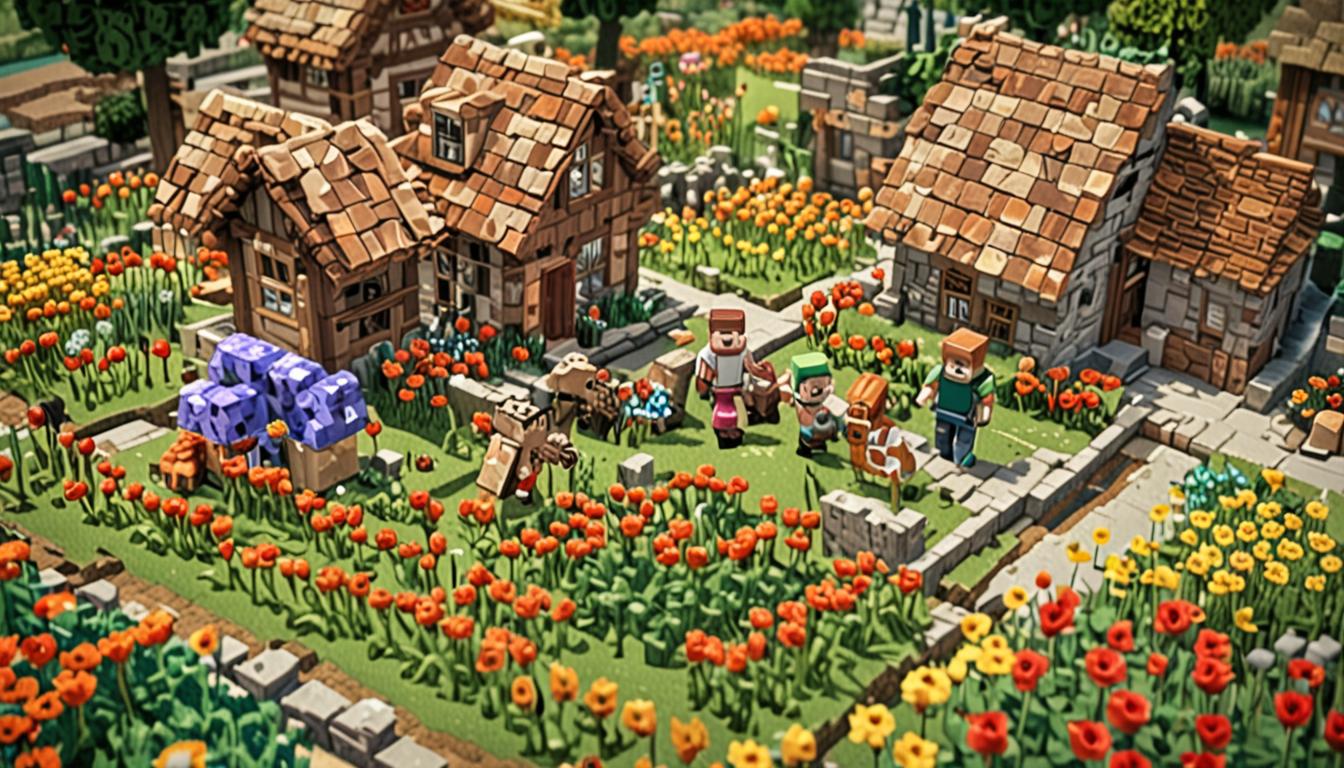 A heartwarming Minecraft village scene showing three blocky pixelated characters working together to rebuild structures, with one character (Tootcreep) having a gentle smile as he places colorful blocks alongside two other villagers. The scene features half-constructed blocky buildings with vibrant wool blocks and stone bricks being placed, surrounded by lush pixelated flower gardens with various Minecraft flowers like poppies, dandelions, and tulips growing in neat rows. Several blocky sheep with their natural white, brown, and black wool colors graze peacefully nearby, looking content and healthy. Musical note particles float gently through the air in a soft, shimmering effect, suggesting peaceful melodies, while the entire scene is bathed in warm, golden Minecraft sunlight with soft shadows cast by the blocky structures. The village setting includes cobblestone pathways, wooden fences, and the characteristic angular, pixelated aesthetic of Minecraft construction, creating an atmosphere of friendship, redemption, and collaborative building.