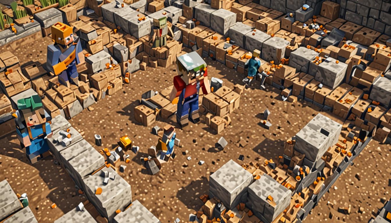 A blocky Minecraft scene showing two pixelated characters working together in a construction area filled with broken and scattered blocks. The main character, a novice Master Builder with blocky features and construction attire, stands amid a pile of accidentally broken stone blocks, dirt blocks, and wood planks scattered across the ground in typical Minecraft cubic shapes. Beside them, Ollie, a helpful companion character with organized inventory slots visible, is methodically collecting and sorting the broken blocks into neat pixelated stacks - stone blocks in one pile, wooden planks in another, creating orderly towers of cubic materials. In the background, an impressive half-built Minecraft structure showcases their collaborative work - a magnificent blocky castle or building with detailed pixelated architecture, featuring stone brick walls, wooden support beams, and glass block windows, all rendered in the classic Minecraft aesthetic. The lighting suggests a bright, optimistic atmosphere with warm sunlight casting blocky shadows, while small particles and block-breaking effects float in the air around the construction site. The ground is covered with a mix of grass blocks, dirt, and scattered building materials, creating a realistic Minecraft building environment that emphasizes teamwork, learning, and the transformation of mistakes into creative opportunities.